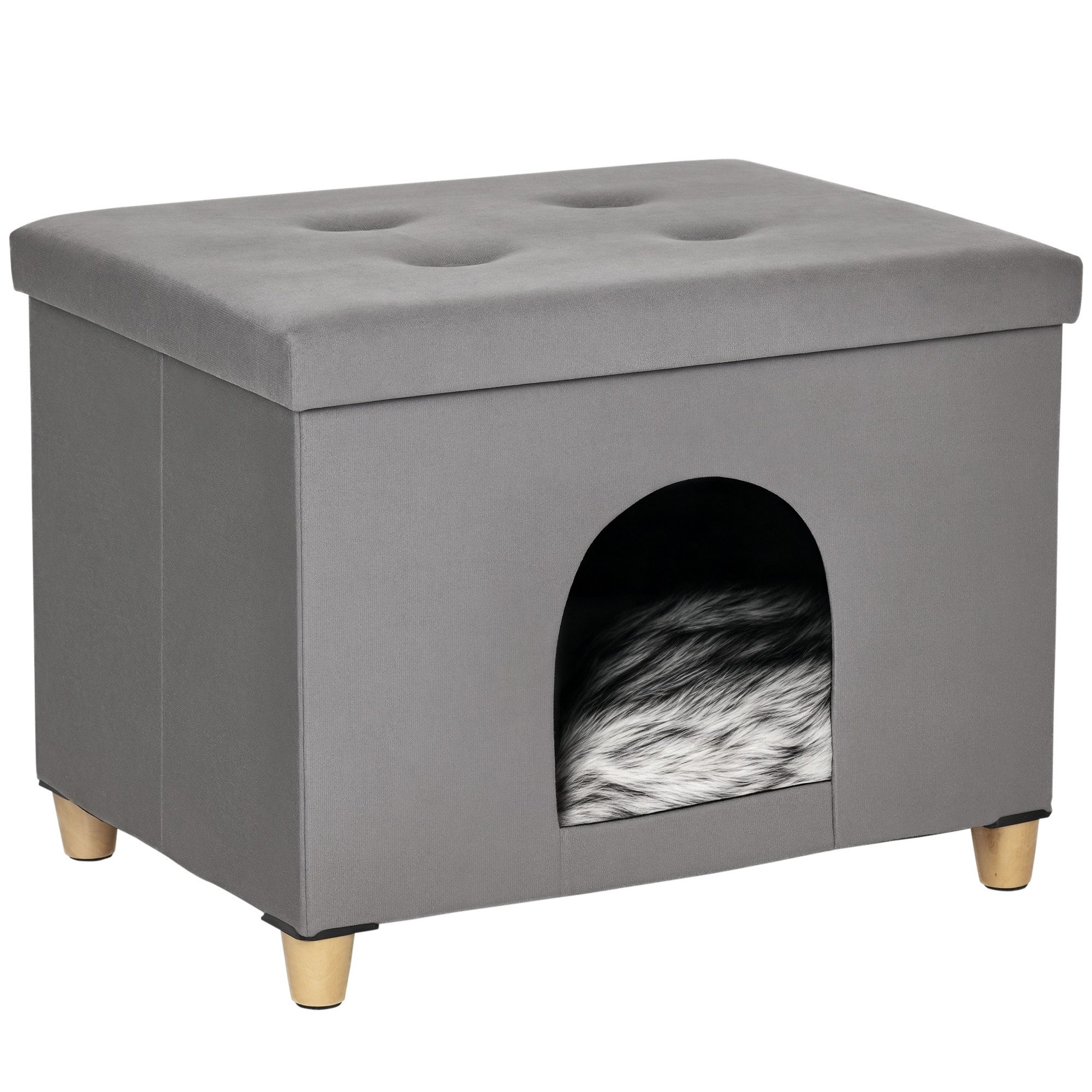 PawHut Tierhaus 2-IN-1 Katzenhöhle Fußhocker mit Kissen Holzbeine Katzenhaus, MDF Plüsch Grau 60 x 45 x 44,5 cm