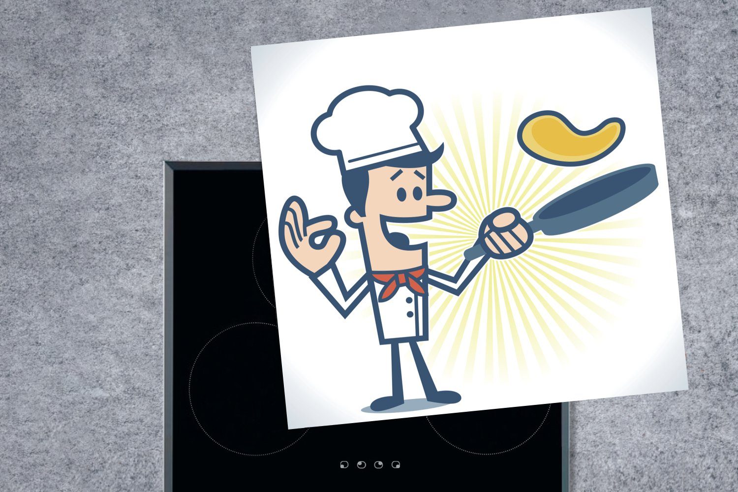MuchoWow Herdblende-/Abdeckplatte Illustration eines Kochs cm, küche für Vinyl, tlg), Ceranfeldabdeckung, 78x78 (1 einer Bratpfanne, mit Arbeitsplatte