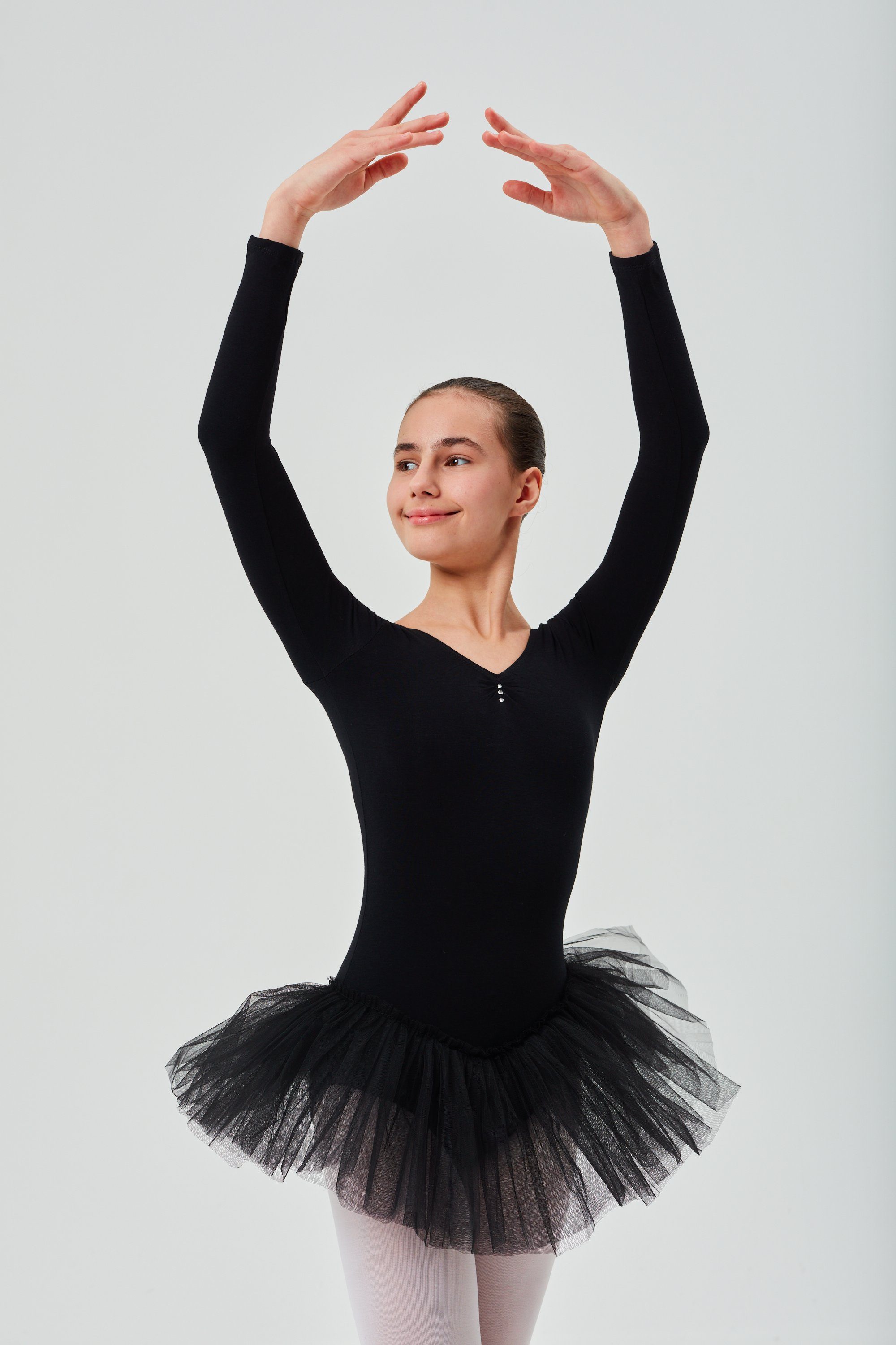 tanzmuster Tüllkleid Ballett Tutu Romy mit Glitzersteinen Langarm  Ballettkleid aus weicher Baumwolle mit Tüllrock für Mädchen