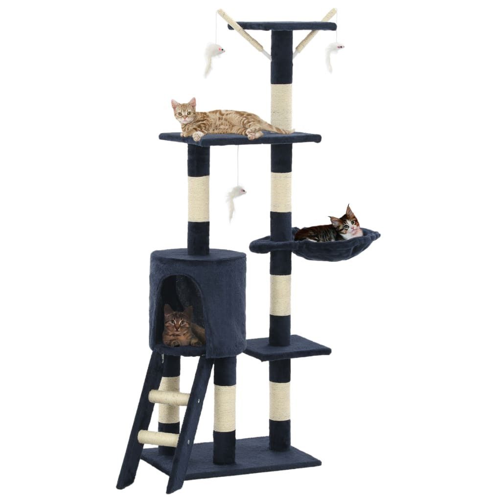 furnicato Kratzbaum Katzen-138 cm Dunkelblau, Kratzmöbel mit Unterschlupf, Leiter und 3 Spielzeugmäusen für Katzen