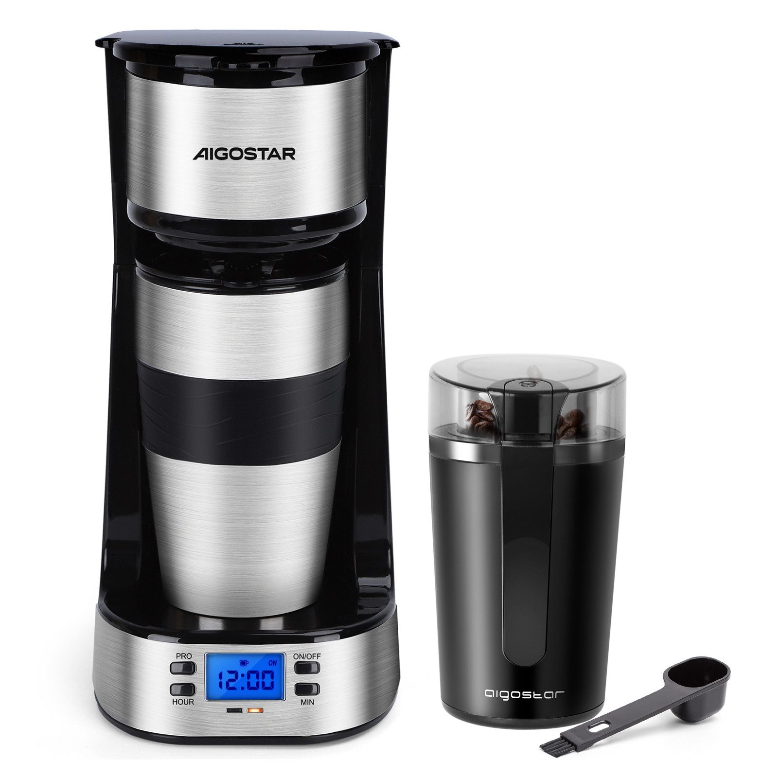 Aigostar Kaffeemaschine mit Mahlwerk, Korbfilter, Kaffeemaschine mit Thermobecher, 24h-Timer, AutoClean-Funktion