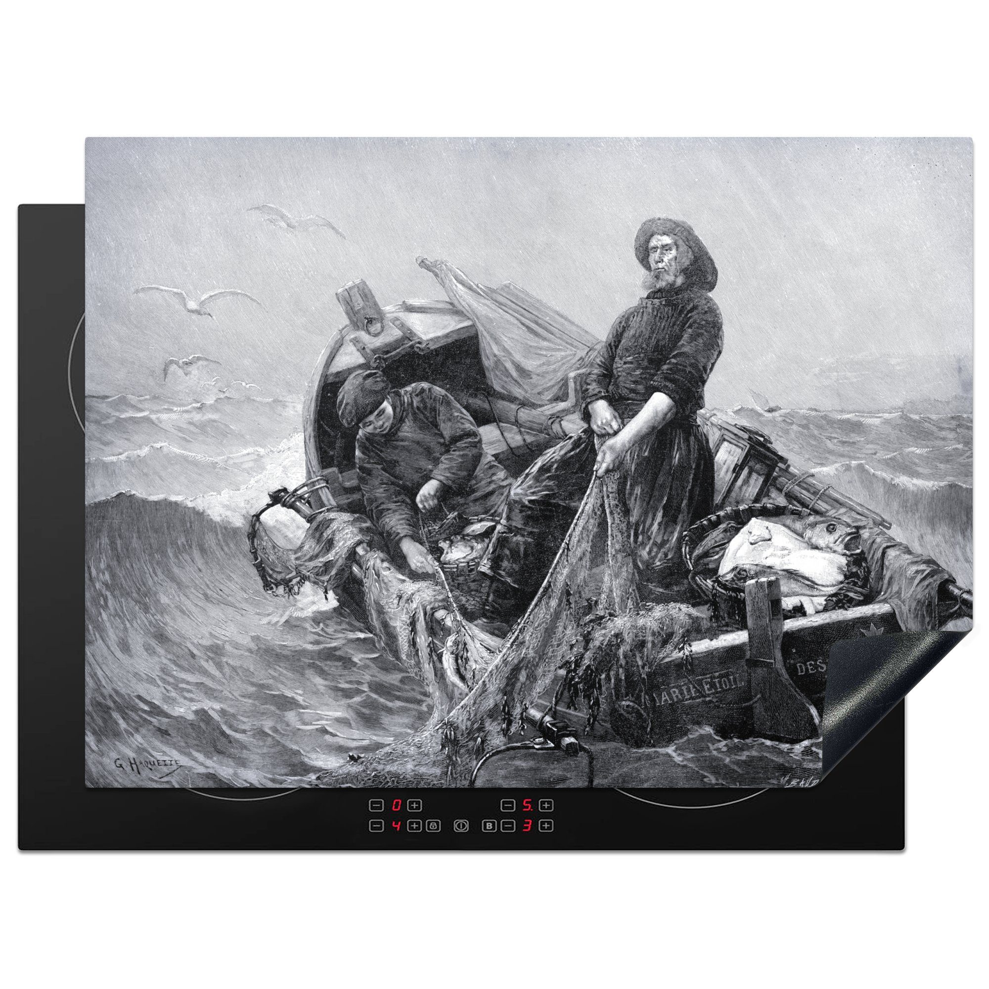 MuchoWow nutzbar, Arbeitsfläche Fischerbootes Ceranfeldabdeckung Herdblende-/Abdeckplatte tlg), Mobile (1 cm, eines in Vintage-Illustration Vinyl, 70x52 schwarz-weiß,