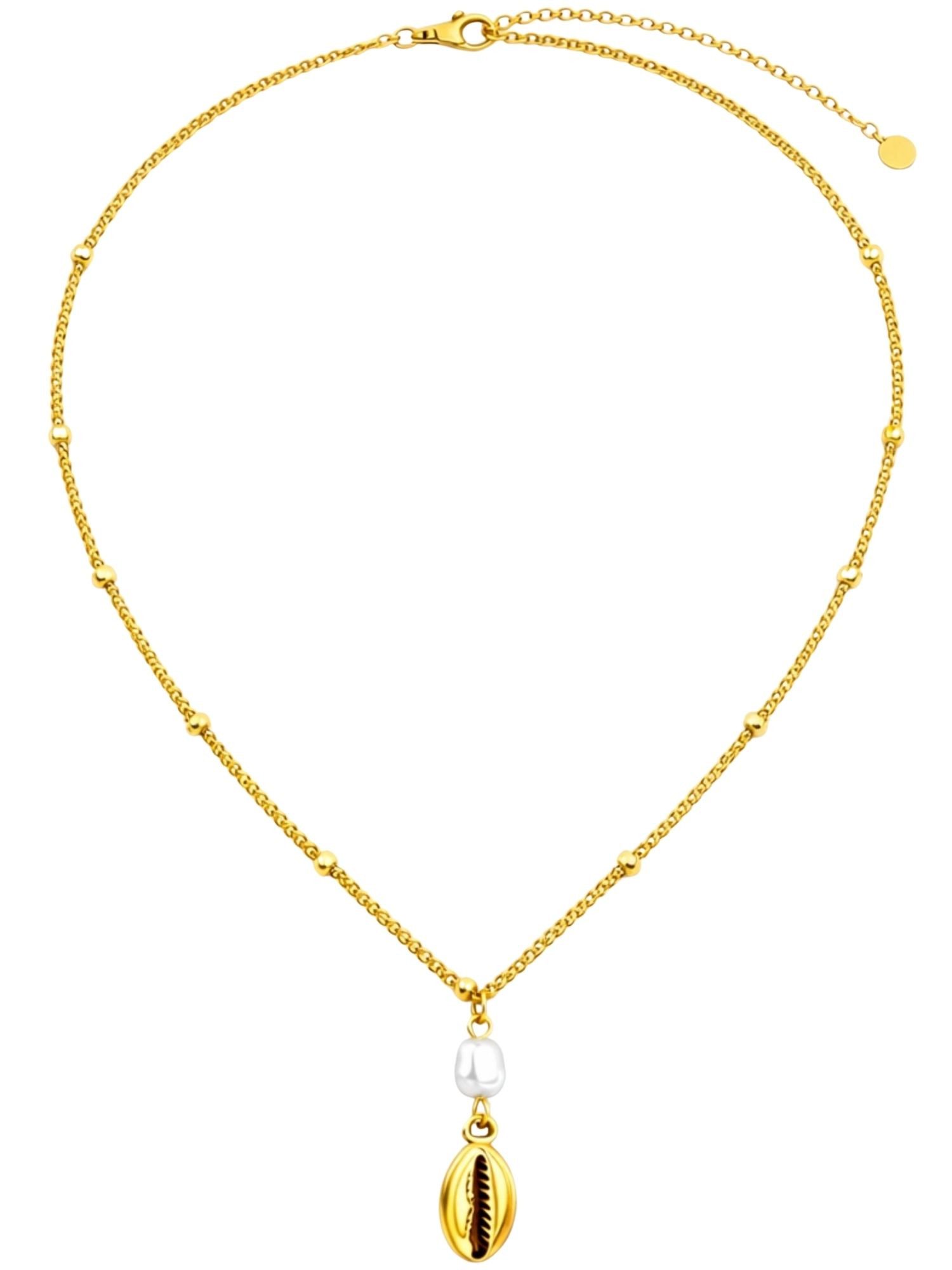 BS Schmuckdesign Kette mit Anhänger Halskette Damen Maritimes Design Kunstperle vergoldete Ankerkette (inkl. Geschenkbox), 18K vergoldet, hypoallergen & wasserfest