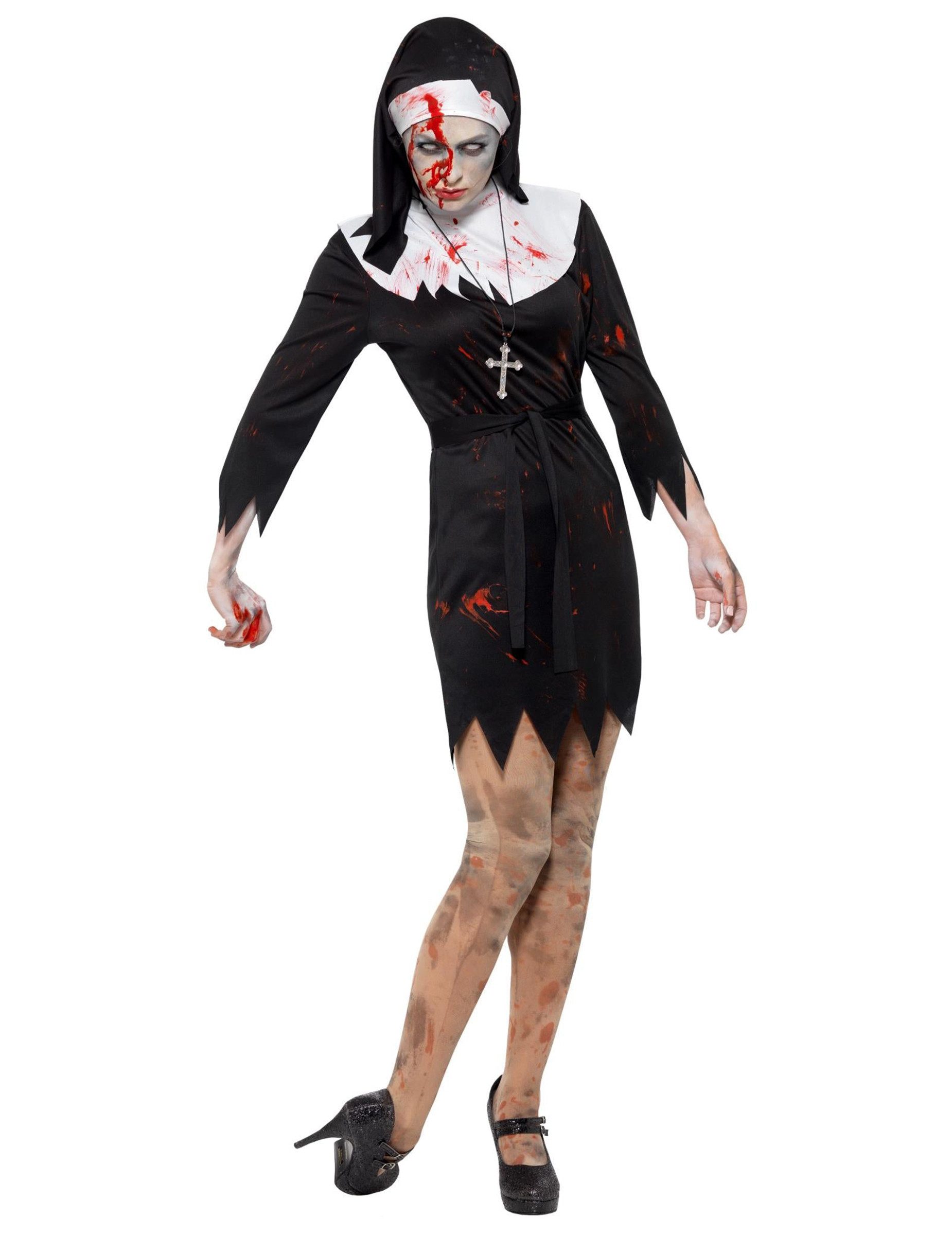 JADEO Kostüm Blutiges Zombie-Nonnen-Kostüm für Halloween schwarz-weiss-rot