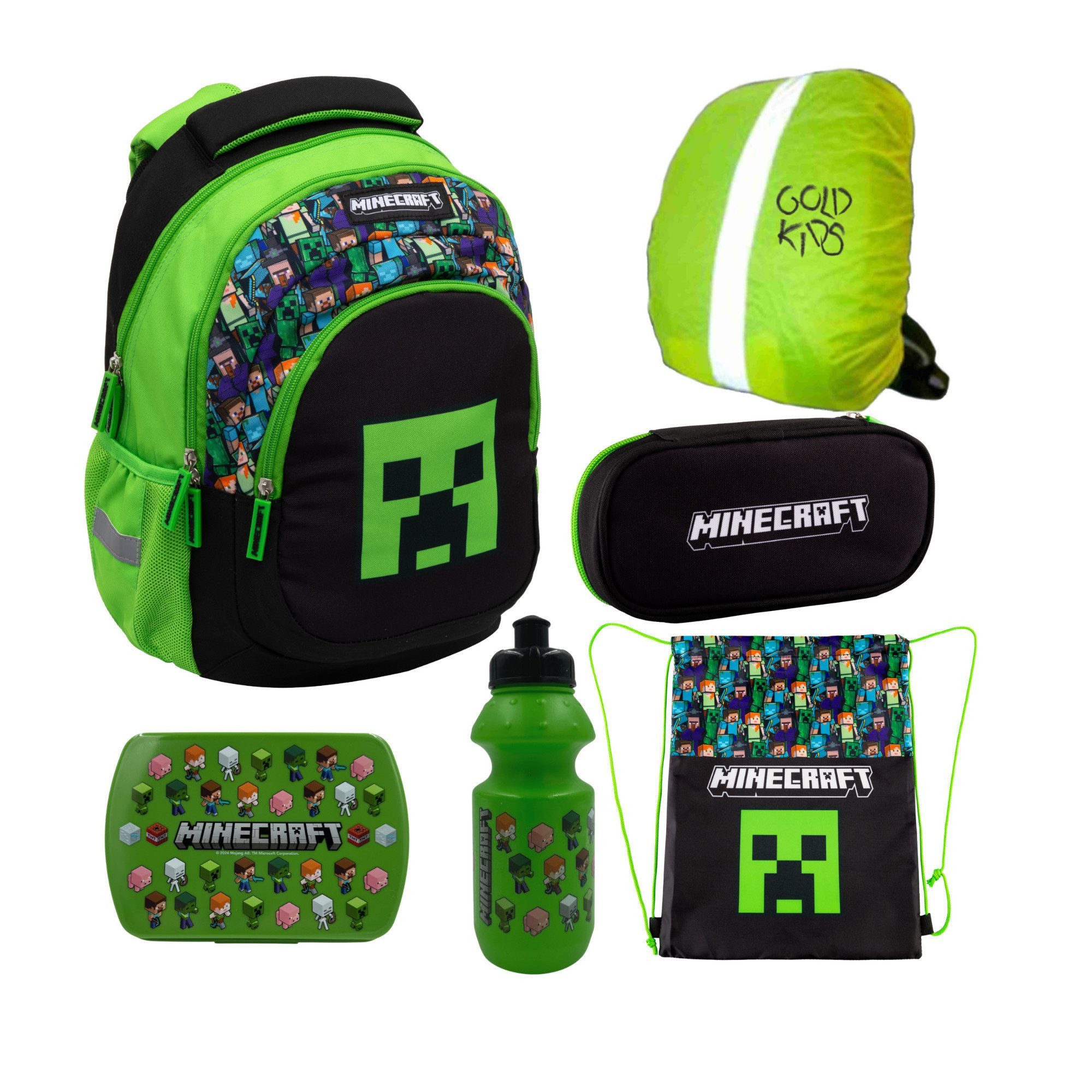 GOLDKIDS Schulranzen für Jungen und Mädchen, 6er-Set - (Schul-Rucksack für Kinder mit Schlampermäppchen, 1-tlg., - Trinkflasche und Brotdose -Regenschutz), - Minecraft Motiv