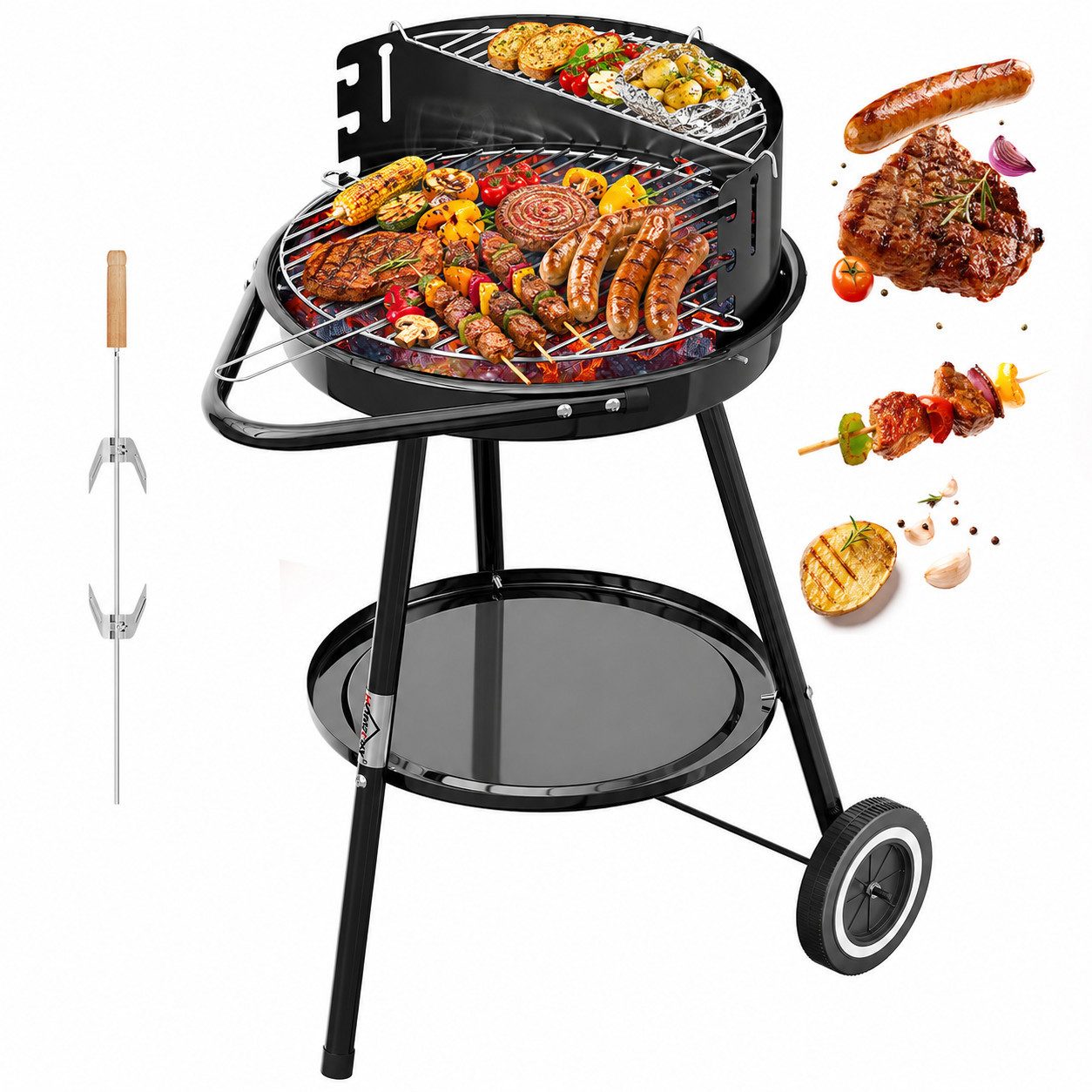 HOMELUX Holzkohlegrill Holzkohlegrillwagen BBQ Grill, Doppellagiger Grill, Set, inkl. Grillspieß, Rollen & Windschutz, Standgrill Grillwagen Rundgrill Kohlegrill
