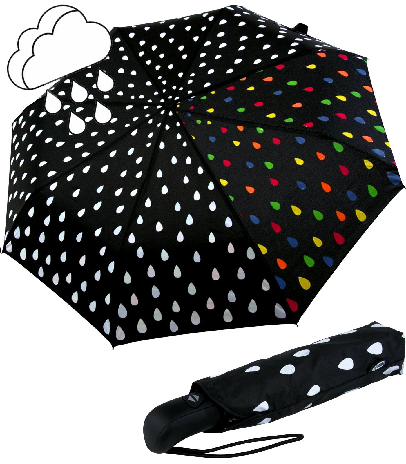 iX-brella Stockregenschirm First Class Automatikschirm - sturmfest, Taschenschirm, Farbwechsel bei Nässe bunte Tropfen