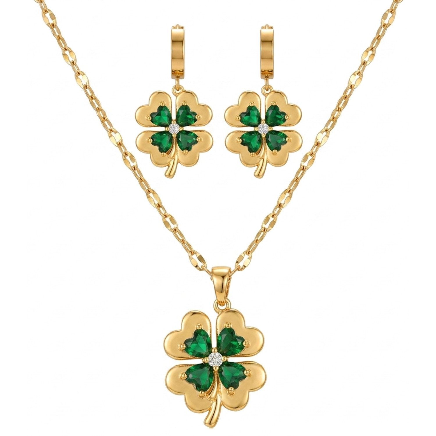 KARMA Schmuckset Damen Kleeblatt Edelstahl Zirkone Gold Grün (Ohrschmuck, 1-tlg., wasserfest hypoallergen rostfrei Damenhalskette), Ohrringe Halskette verstellbar Geschenk für Sie