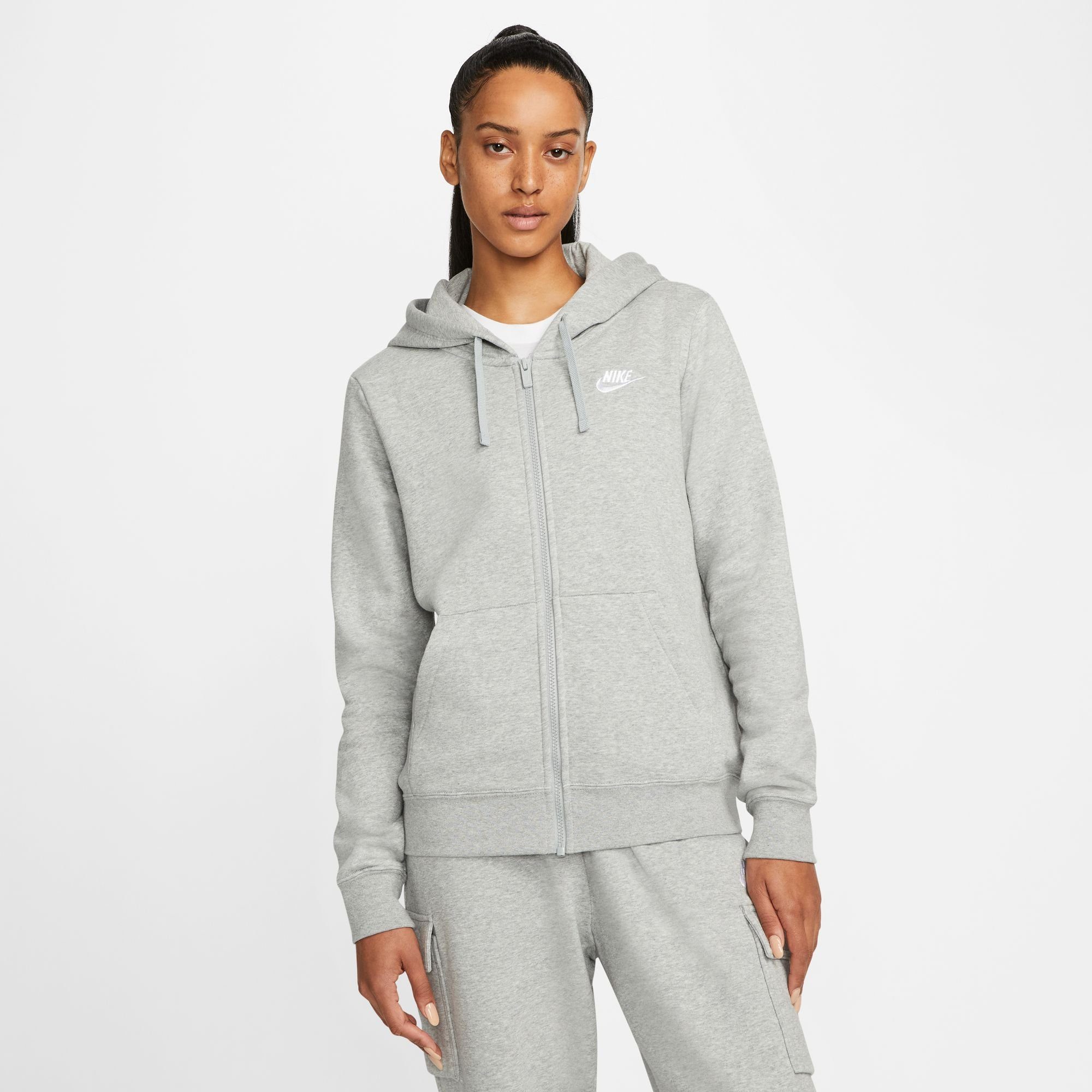 Günstiger Großhandelsverkauf Nike Sportswear Fleece Hoodie HEATHER/WHITE DK Full-Zip Kapuzensweatjacke Women's GREY Club