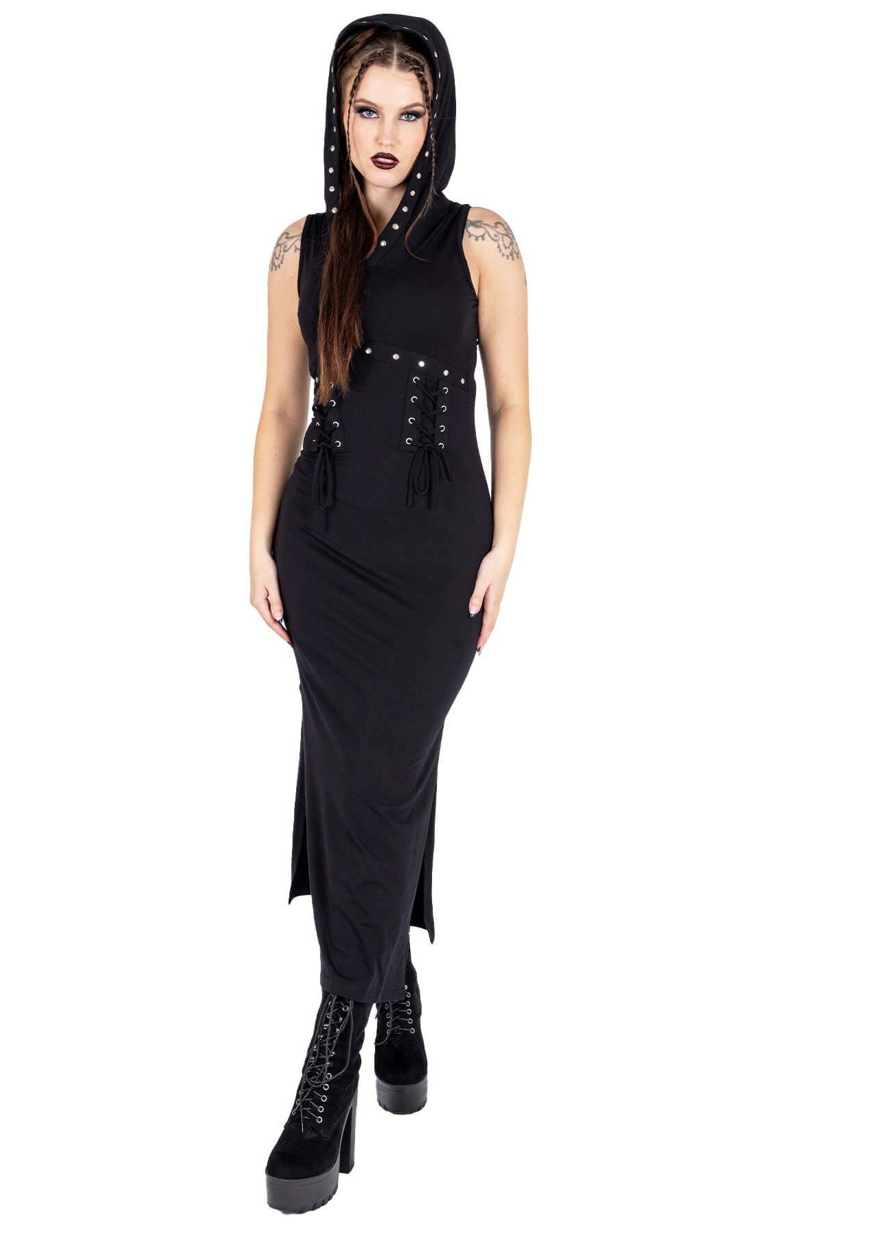 Vixxsin Maxikleid Cora Kapuzenkleid Nieten Schnürung Geschlitzt