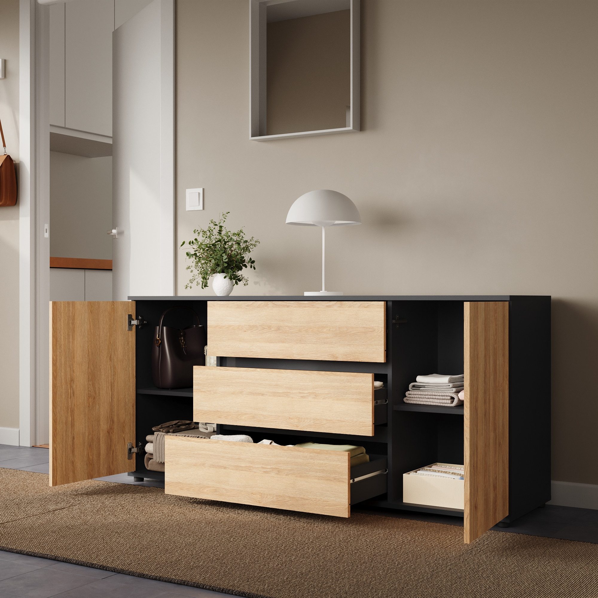 Home Collective Kommode Sideboard Kommode mit Schubladen Sideboard Wohnzimmer Anrichte (Sideboard Wohnzimmer Flur Kommode, modernes, griffloses Design), mit 2 Türen und 3 Schubladen 150x40x70 cm Anthrazit mix Artisan-Eiche