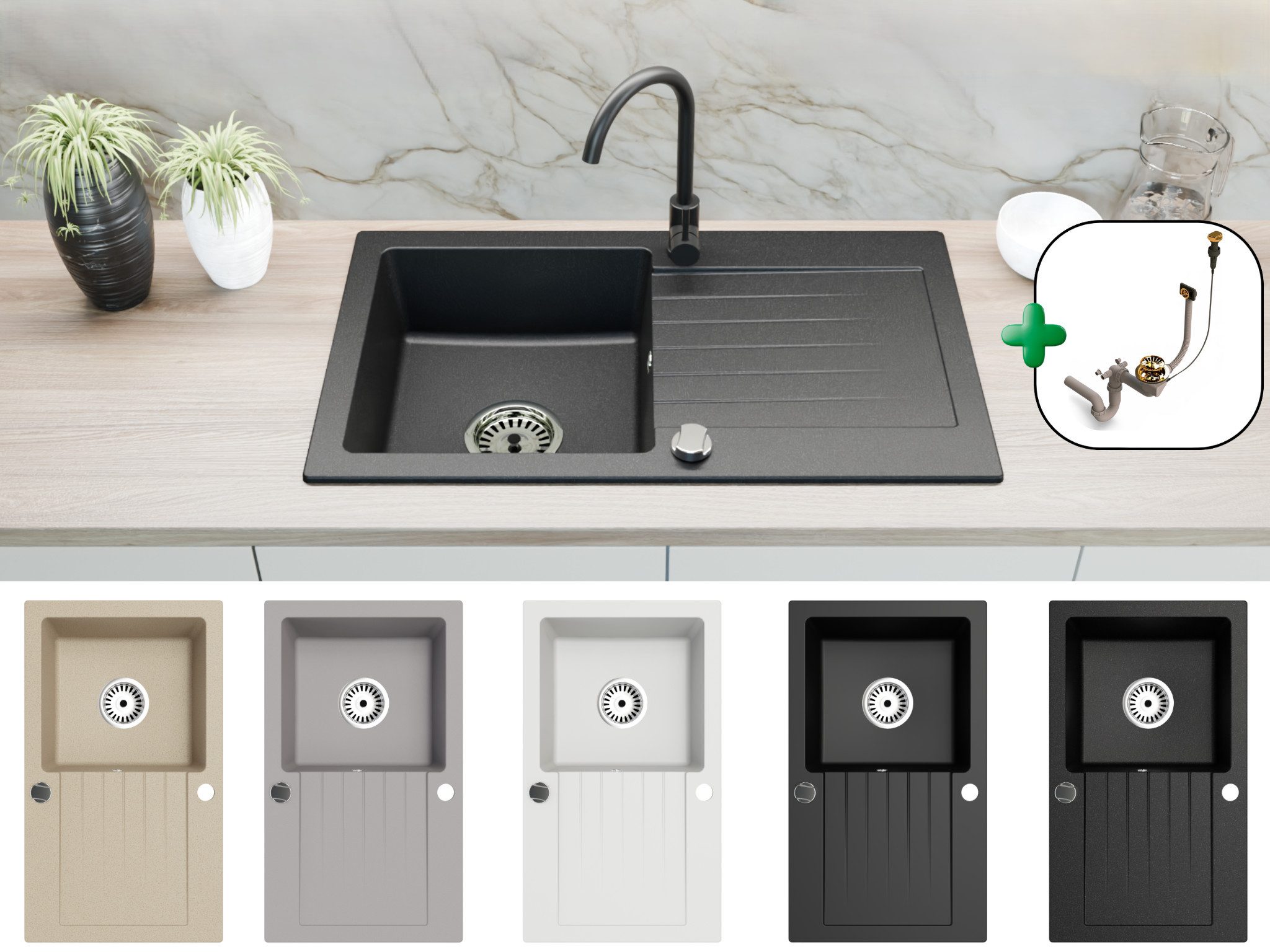 Faizee Möbel Granitspüle Faizee Home Granitspüle 75x43,5 cm Armatur & Sipho günstig online kaufen