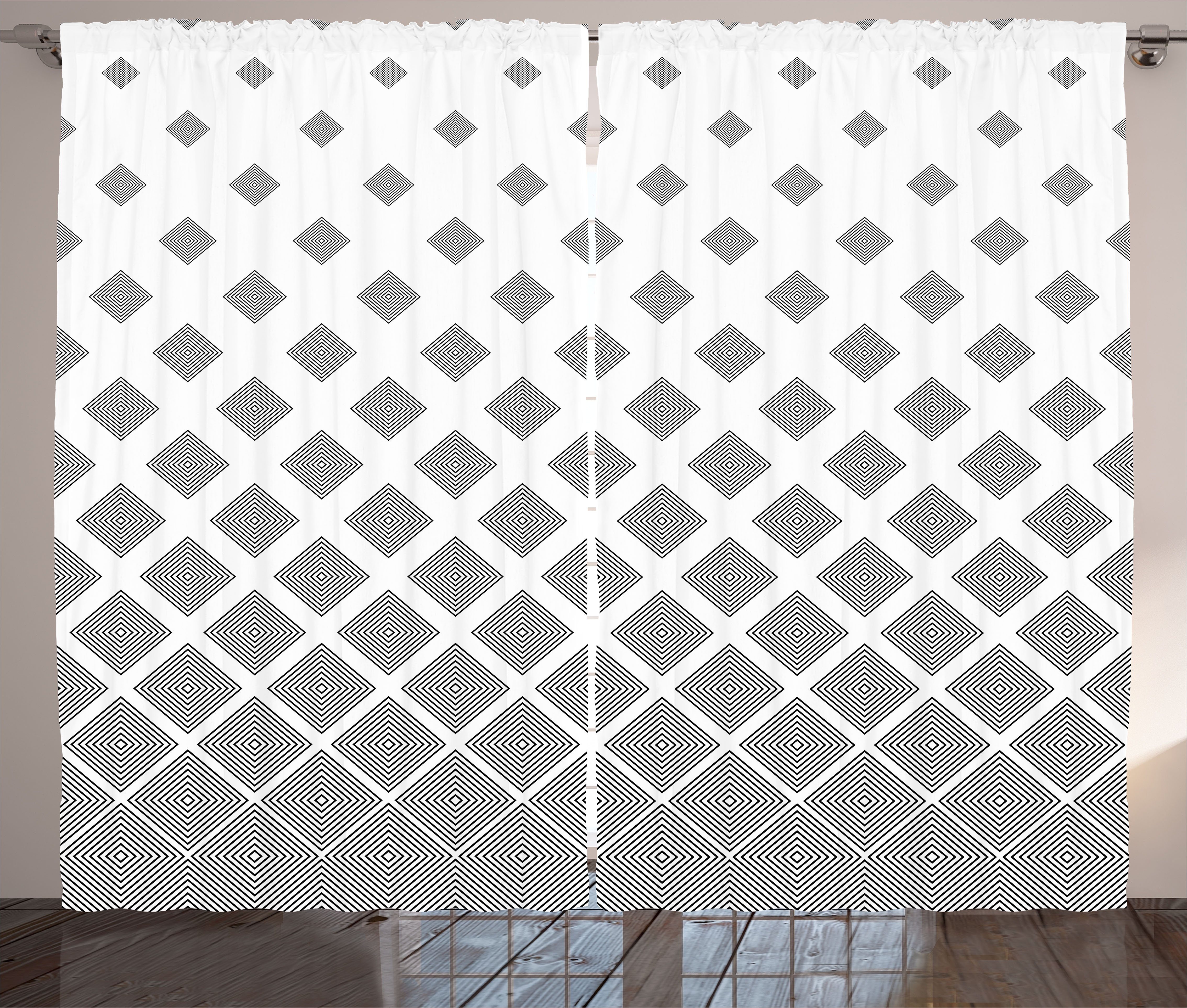 und Vorhang Schlafzimmer Kräuselband Geometrisch Gardine Haken, mit Schwarz-weiße Quadrate Schlaufen Abakuhaus,