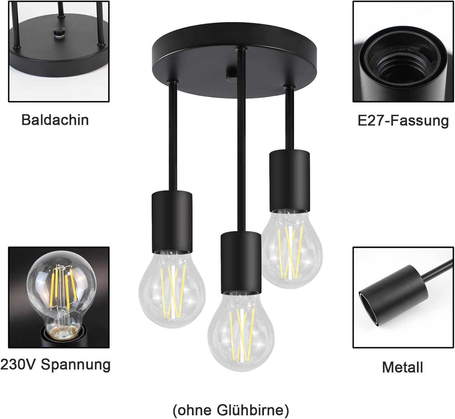 ZMH LED Deckenleuchte 3/6 Flammig Deckenstrahler Vintage E27 Schwarz-Gold Schlafzimmer, mit 3 Spots Kronleuchter, LED fest integriert, Modern Deckenspots für Es – Bild 4 von 5