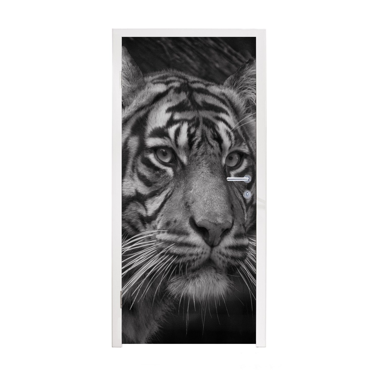 MuchoWow Türtapete Tiger - Wild - Schwarz - Weiß, Matt, bedruckt, (1 St), Fototapete für Tür, Türaufkleber, 75x205 cm