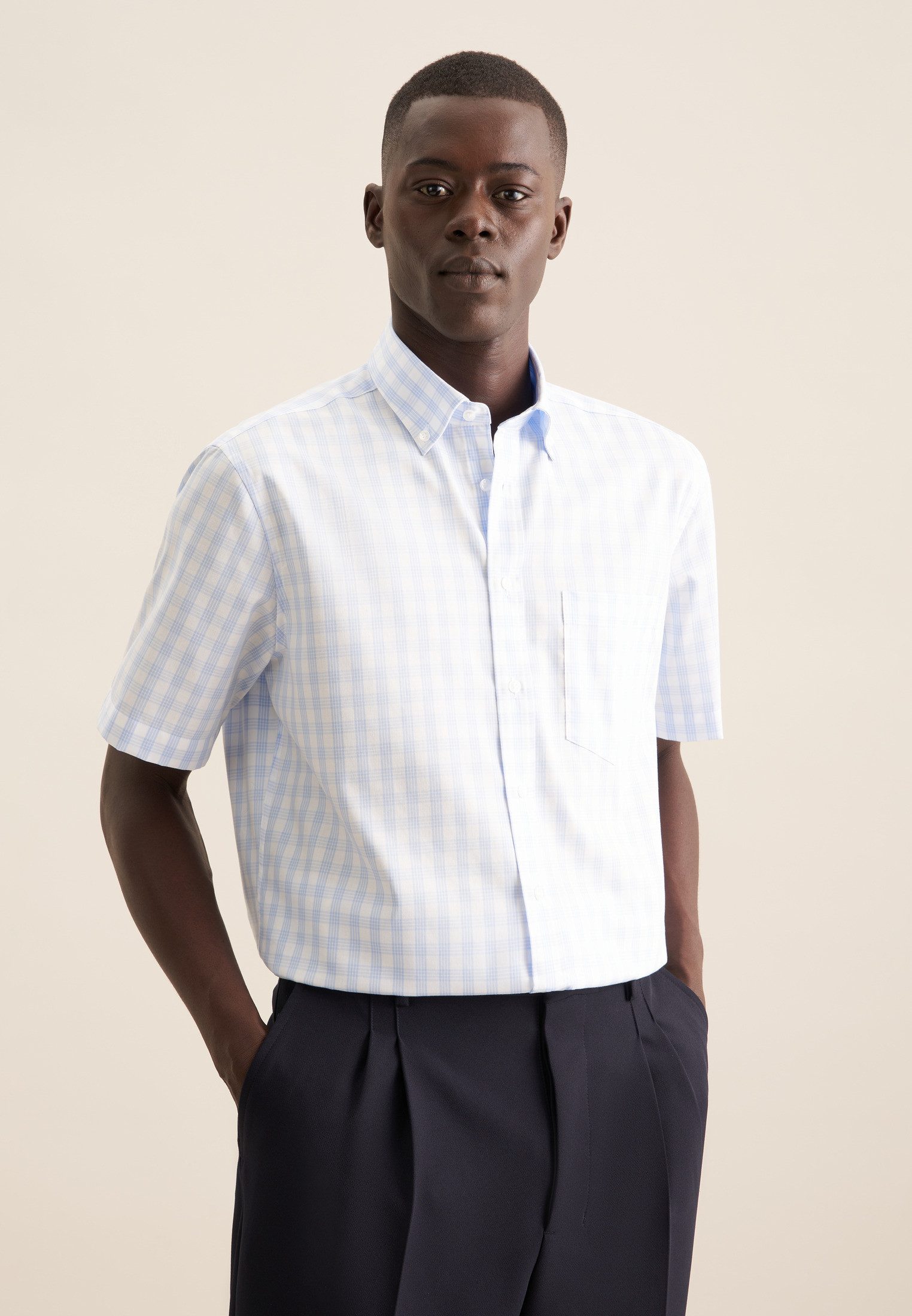 seidensticker Businesshemd Regular Regular 1/2 Button-Down-Kragen Karo