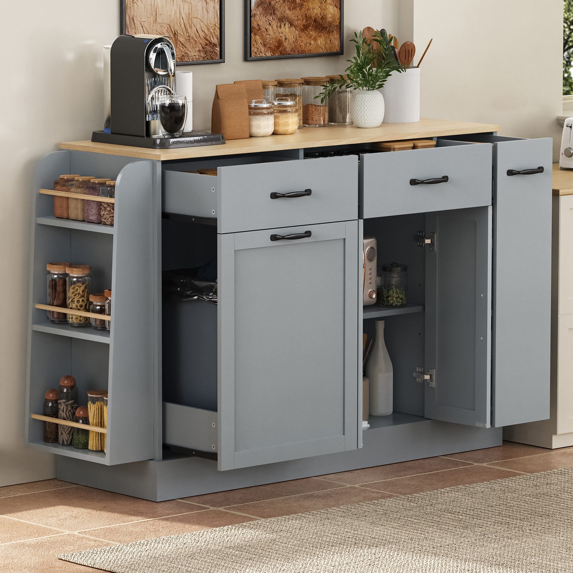 HAUSS SPOLE Sideboard mit Mülleimerfach,Küchenschrank mit Schubladen und Gewürzregal,Grau (Buffetschrank 133.5×40×86 mit Abfallbehälterfach), für Esszimmer oder Wohnzimmer