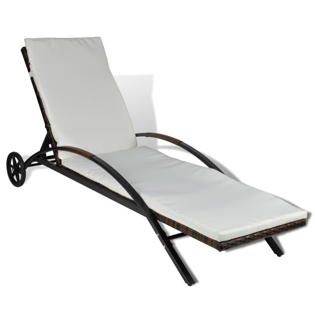 vidaXL Gartenliege Sonnenliege mit Polster & Rollen Poly Rattan Braun, 1 St.
