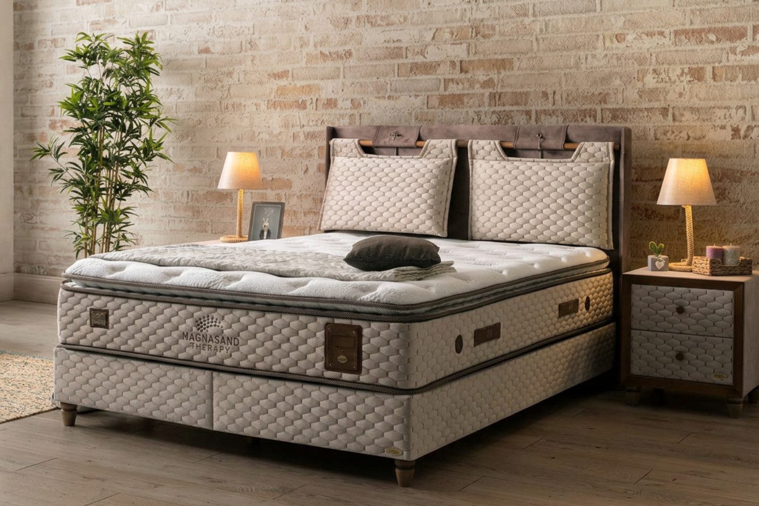 BAMBI YATAK Boxspringbett Set, Bambi Magnasand Therapy, Bett-Set ohne oder mit Nachttischen, H3 (Schlafzimmerbett, Matratze mit Topper, 1 x H3 Mittelfest Matratze, 2 x Bettkasten, 1 x Bettkopfteil), Magnetischer schwarzer Sand, Taschenfederkern, Matratzenhöhe: 33 cm