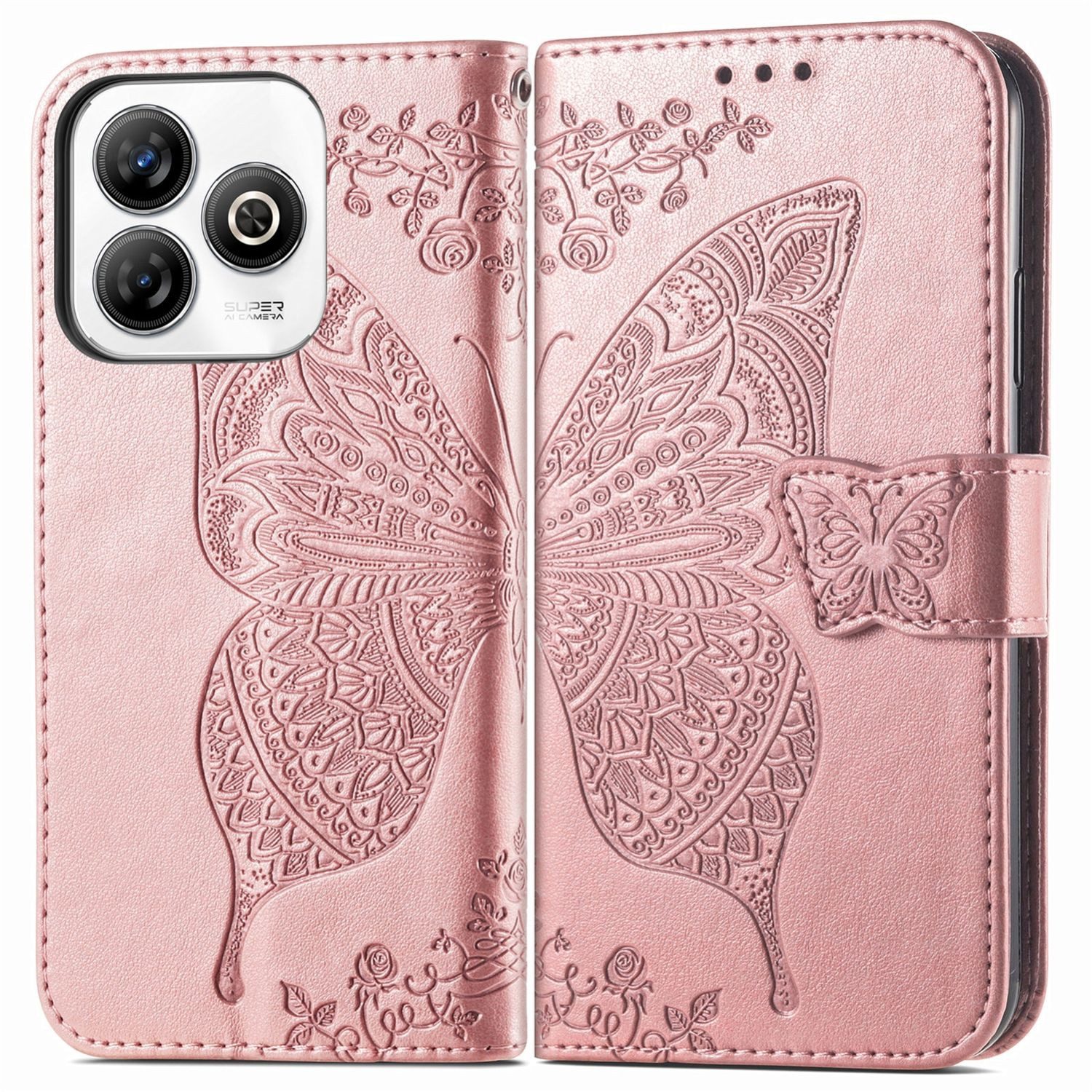 Wigento Smartphone-Hülle Für ZTE Blade A75 4G Kunstleder Schmetterling Wallet Hülle Tasche Rosa, Kunst-Leder Schutzhülle Smart Case Cover magnetischer Verschluss