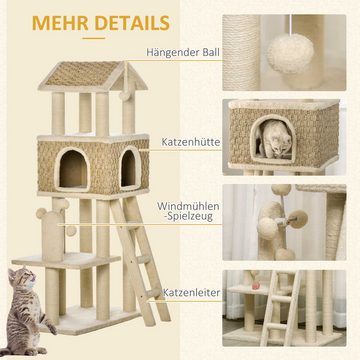 PawHut Kratzbaum Kletterbaum mit Katzenhöhle Spielbälle Spanplatte Plüsch Khaki+Beige, 69L x 40B x 131H cm