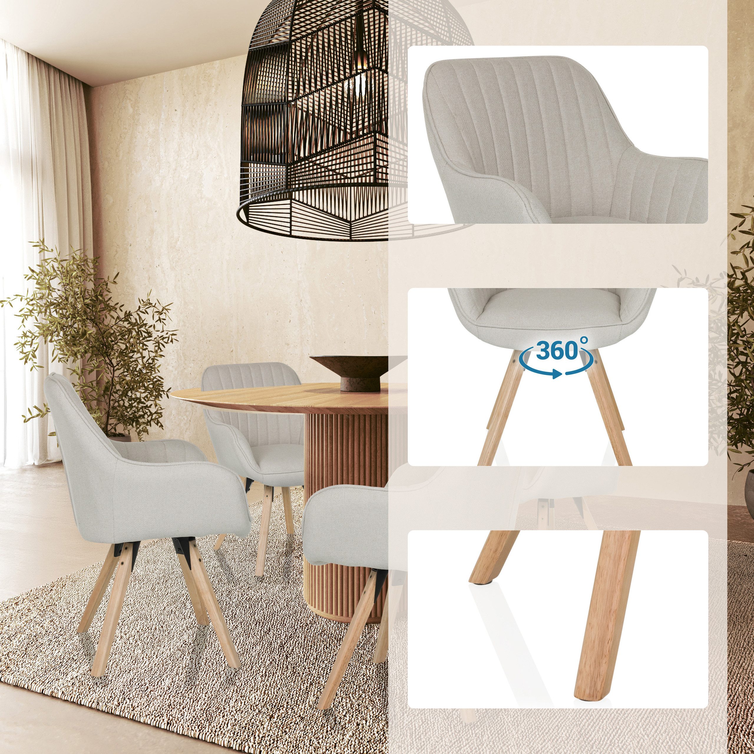 hjh LIVING Esszimmerstuhl SCANDI SOFT Stuhl gepolstert Stoff mit Armlehnen 1 (1 St), Stuhl im Scandi-Look, Sitz drehbar, bequem gepolstert, Holzfußkreuz