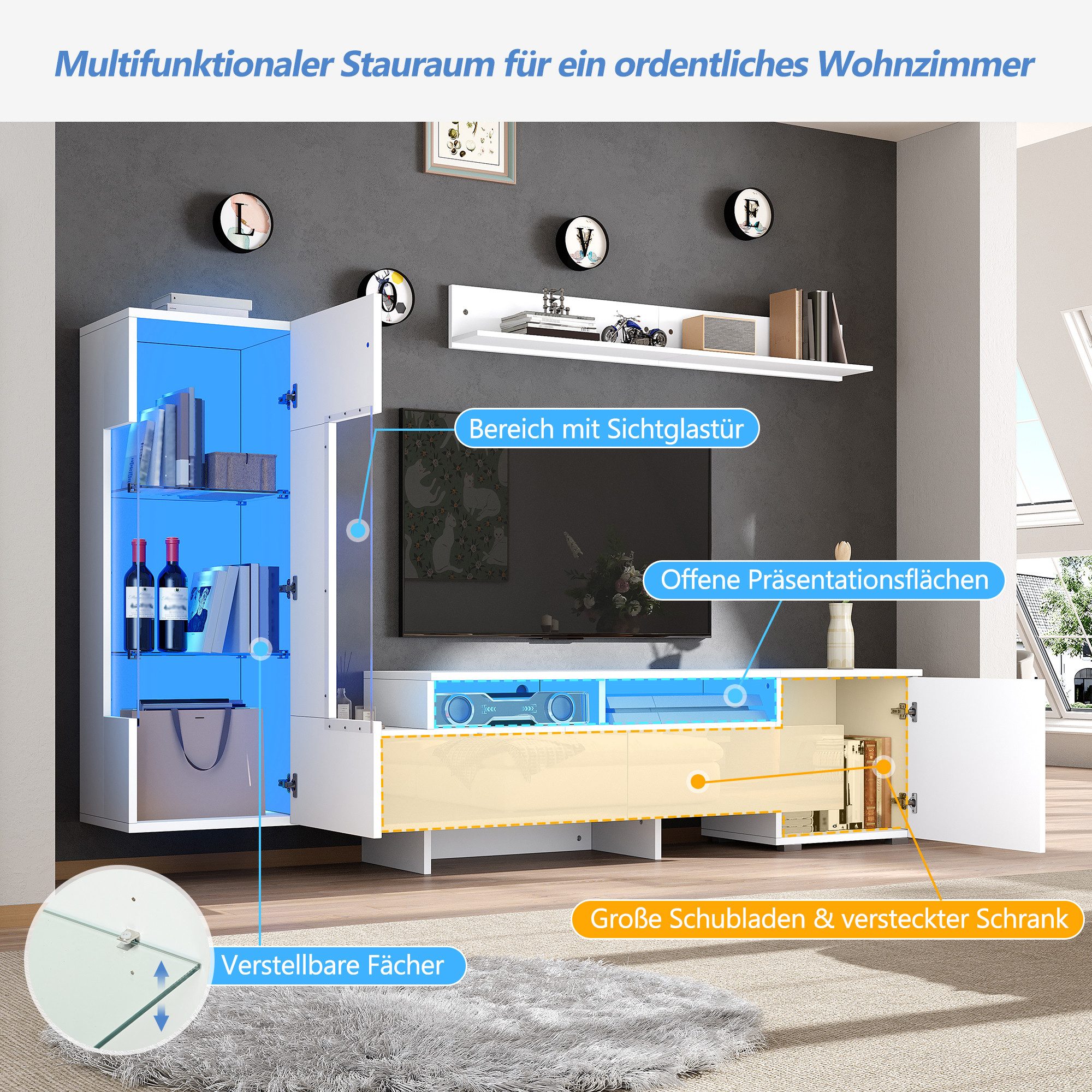 Odikalo Wohnwand Mediawand mit LED inkl. TV-Schrank Wandschrank Wandhalterung, (mit LED, modernes TV-Schrank,stehend und hängend, Acryl-Schranktüren, Glastrennwand, Weiß, TV bis 70)