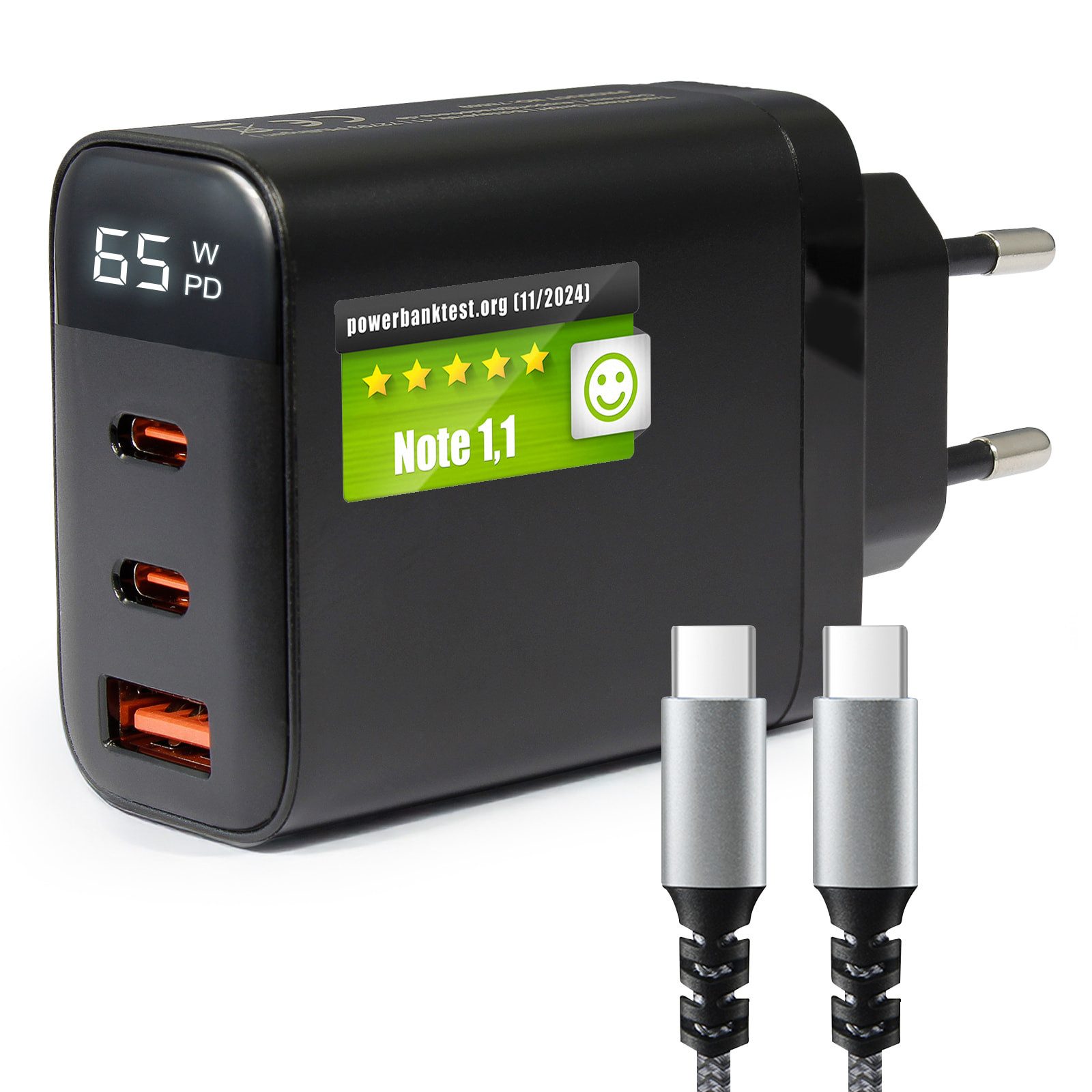 EAXUS 3-Port USB-C Netzteil 65 Watt mit Display - für iPhone, iPad, Handy Universal-Ladegerät (Schnellladegerät auch für Macbook & Laptop, Schwarz)