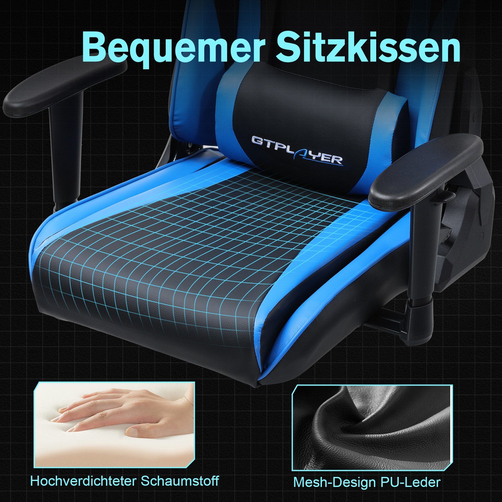 GTPLAYER Gaming-Stuhl the Design The Bürostuhl reclining waist inkl. Lenden- und Ergonomische function blau Nackenkissen, supports