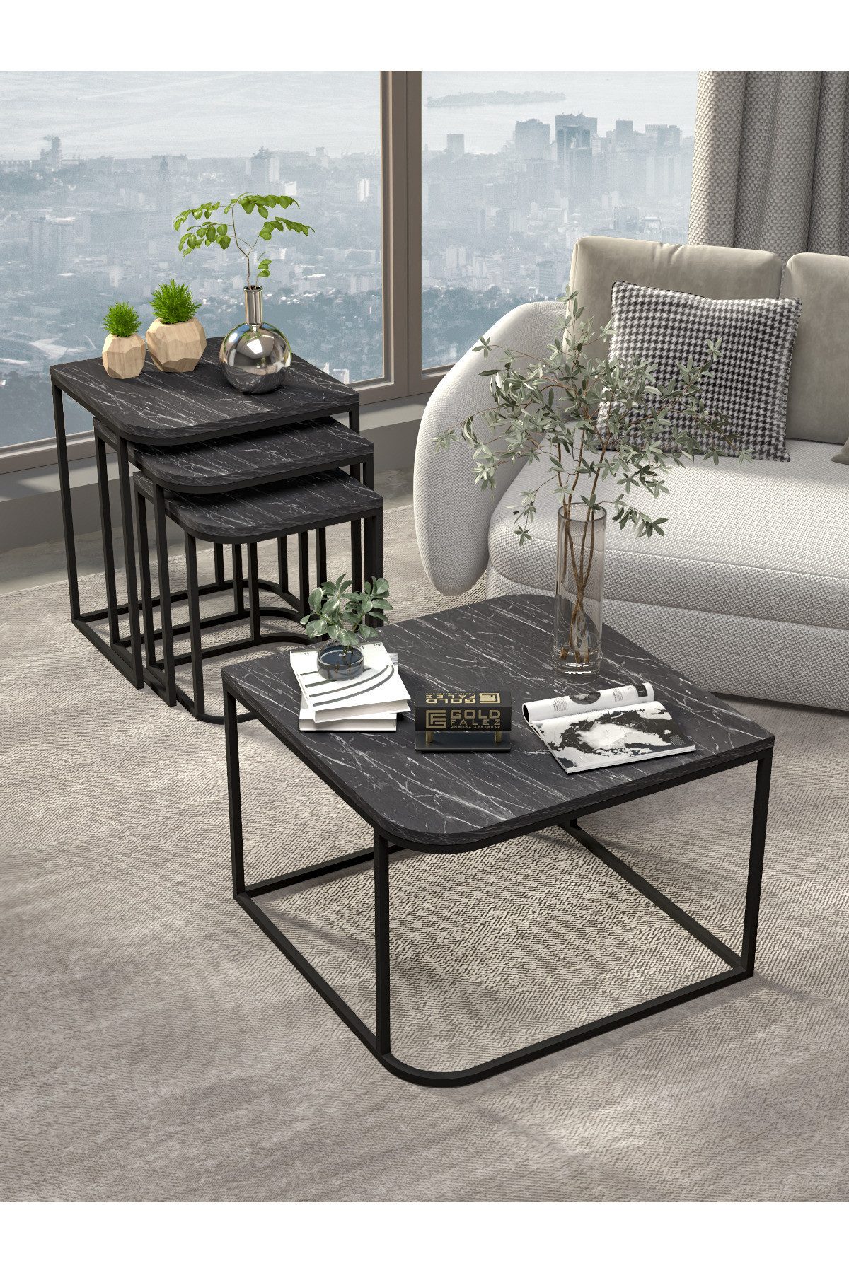 en.casa Couchtisch (Couchtisch + Satztische), mit Satztischen, schwarz 89321592