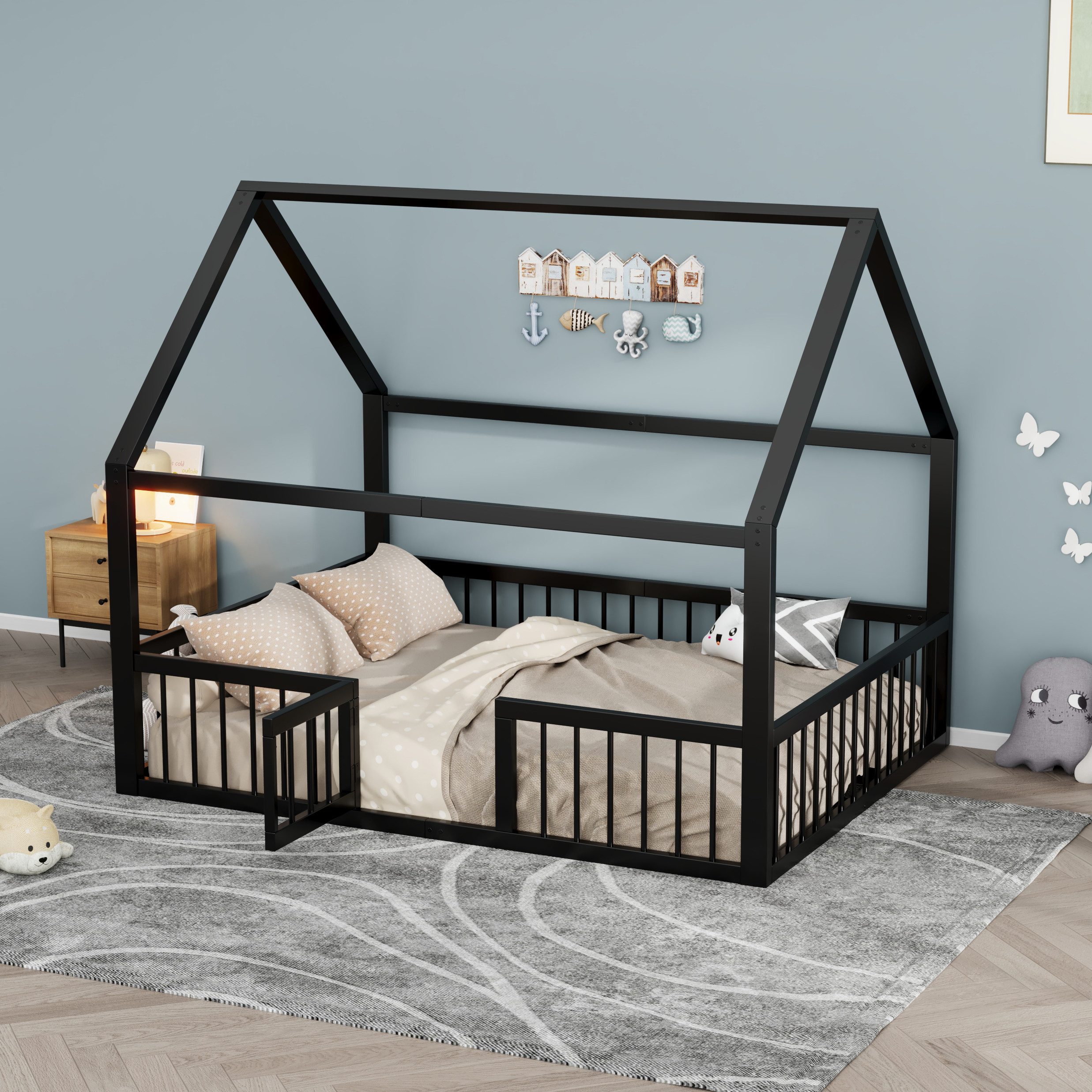 STILVORA Kinderbett 140x200 Metallbett mit Brüstung Flachbett Ohne Matratze Schwarz