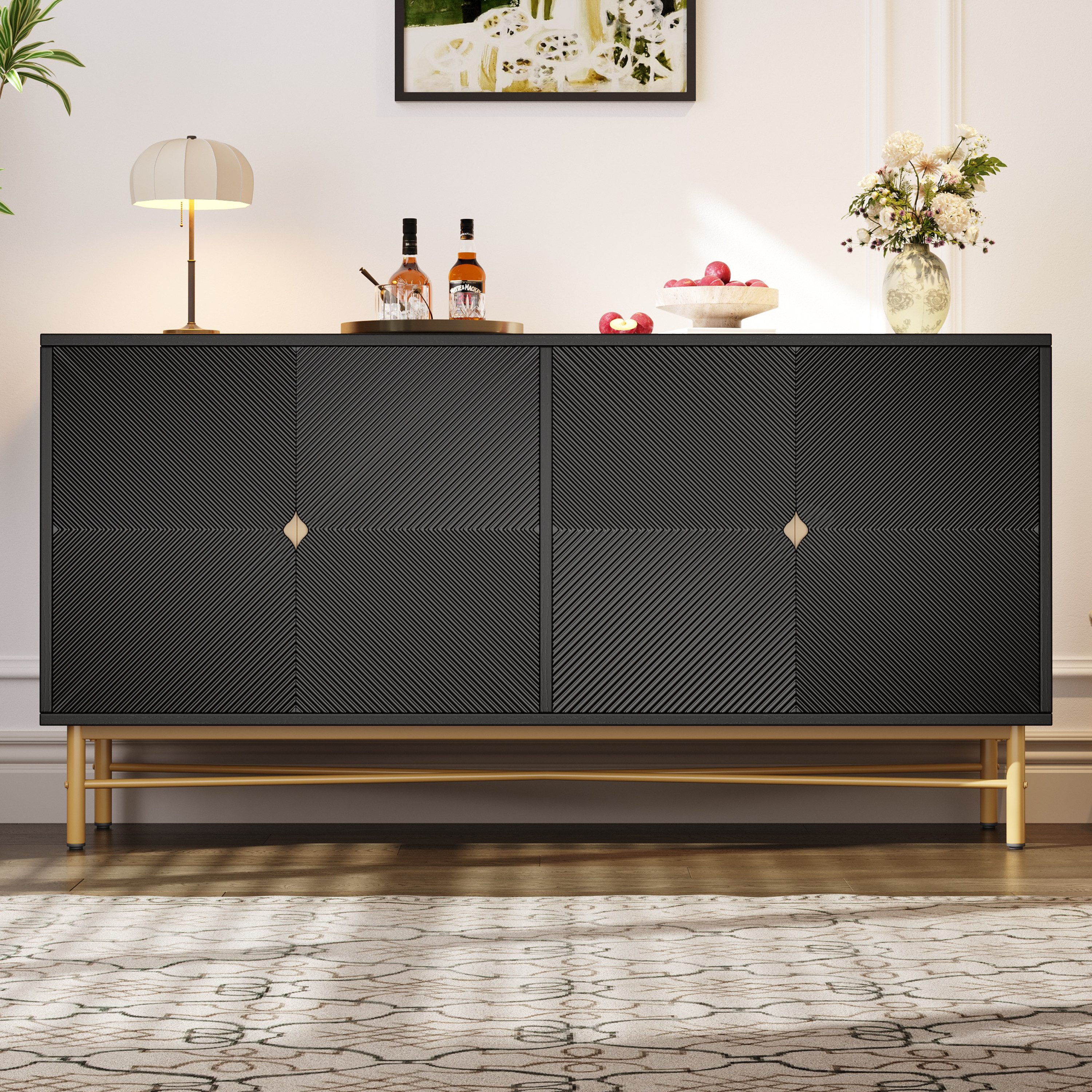 Merax Sideboard Kommode 160 cm, mit 4 Türen, Goldenes Bein (1 St., für Wohnzimmer & Esszimmer), Anrichte mit Verstellbare Einlegeböden