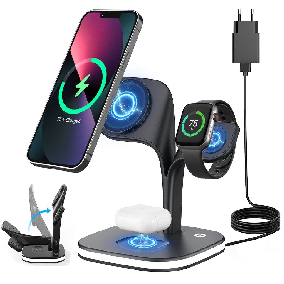 4-in-1 Induktive Ladestation mit Nachtlampe, 23w Wireless Charger Induktions-Ladegerät
