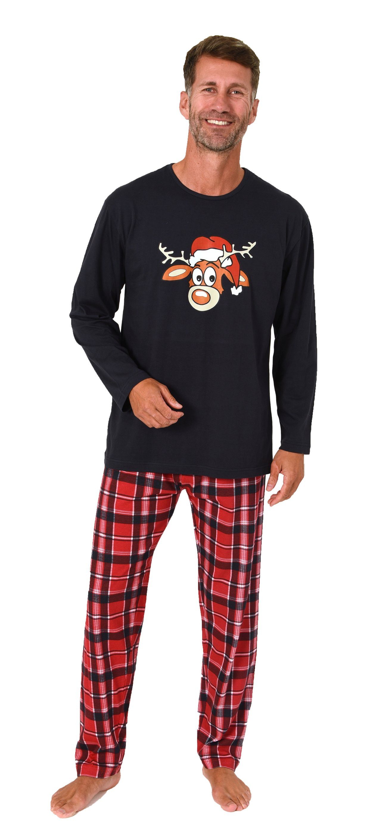 Normann Pyjama Herren Weihnachts Schlafanzug Pyjama mit lustigen Renntier Motiv