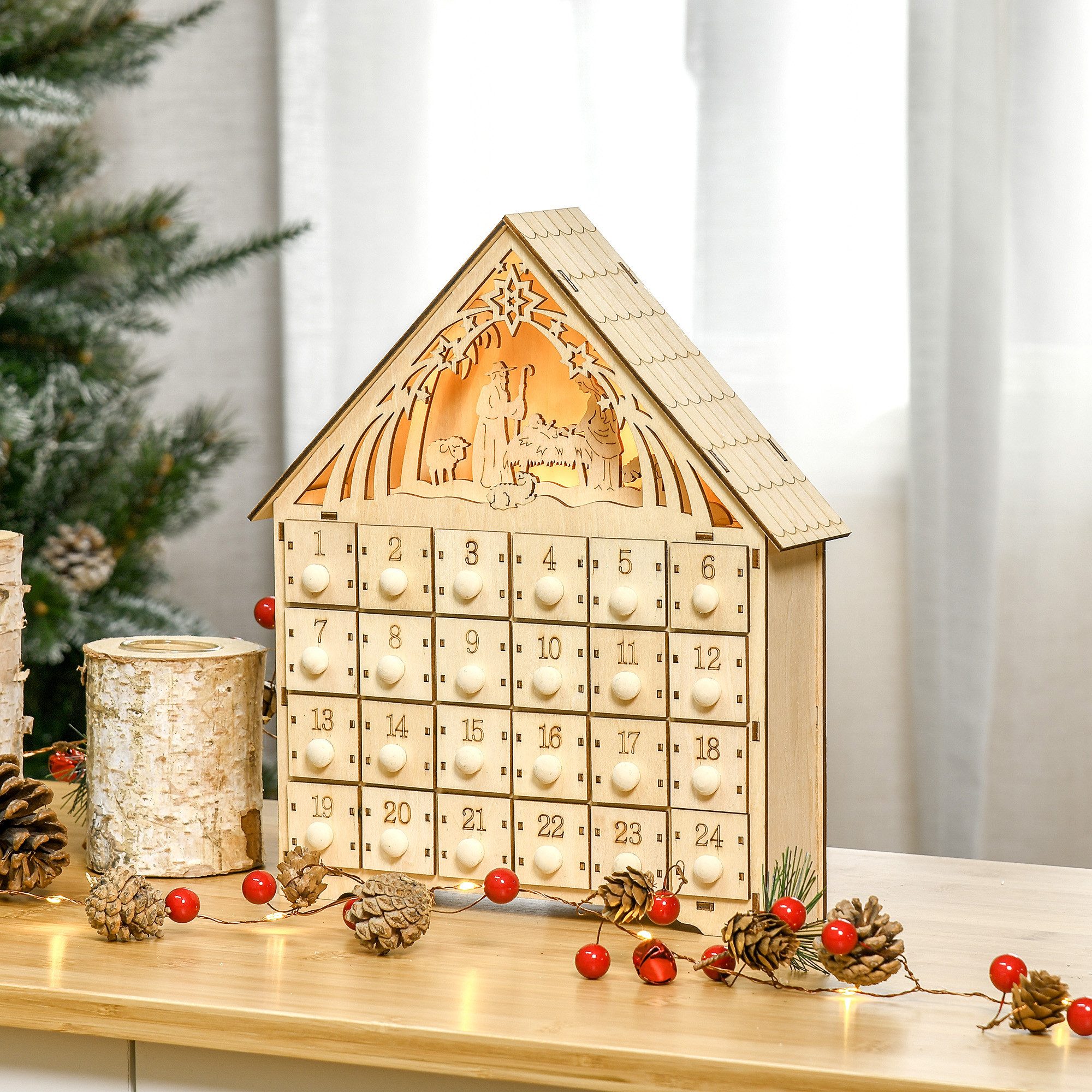 HOMCOM Weihnachtsdorf Adventskalender mit LED-Lichtern Weihnachtsdekoration DIY, MDF-Platte Naturholz 26,6 x 6 x 30 cm