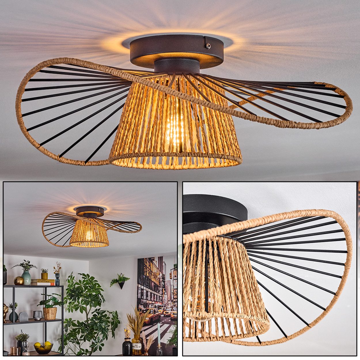 hofstein Deckenleuchte Deckenlampe aus Metall/Papiergeflecht in Schwarz/Nat günstig online kaufen