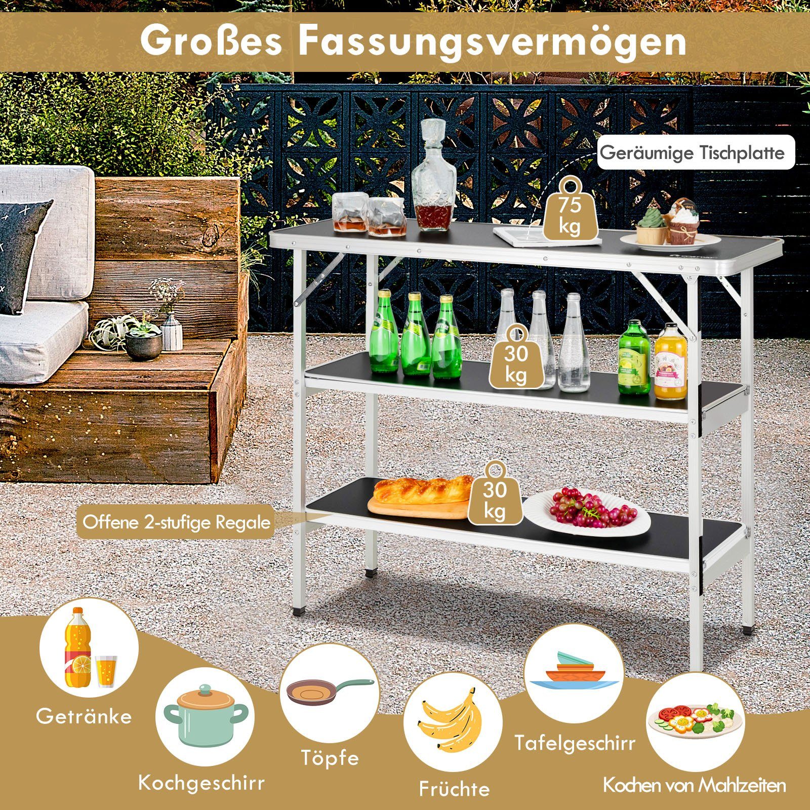 COSTWAY Campingtisch Klapptisch mit Stauraum, faltbar, 2 Regalen, aus Alu – Bild 4 von 5
