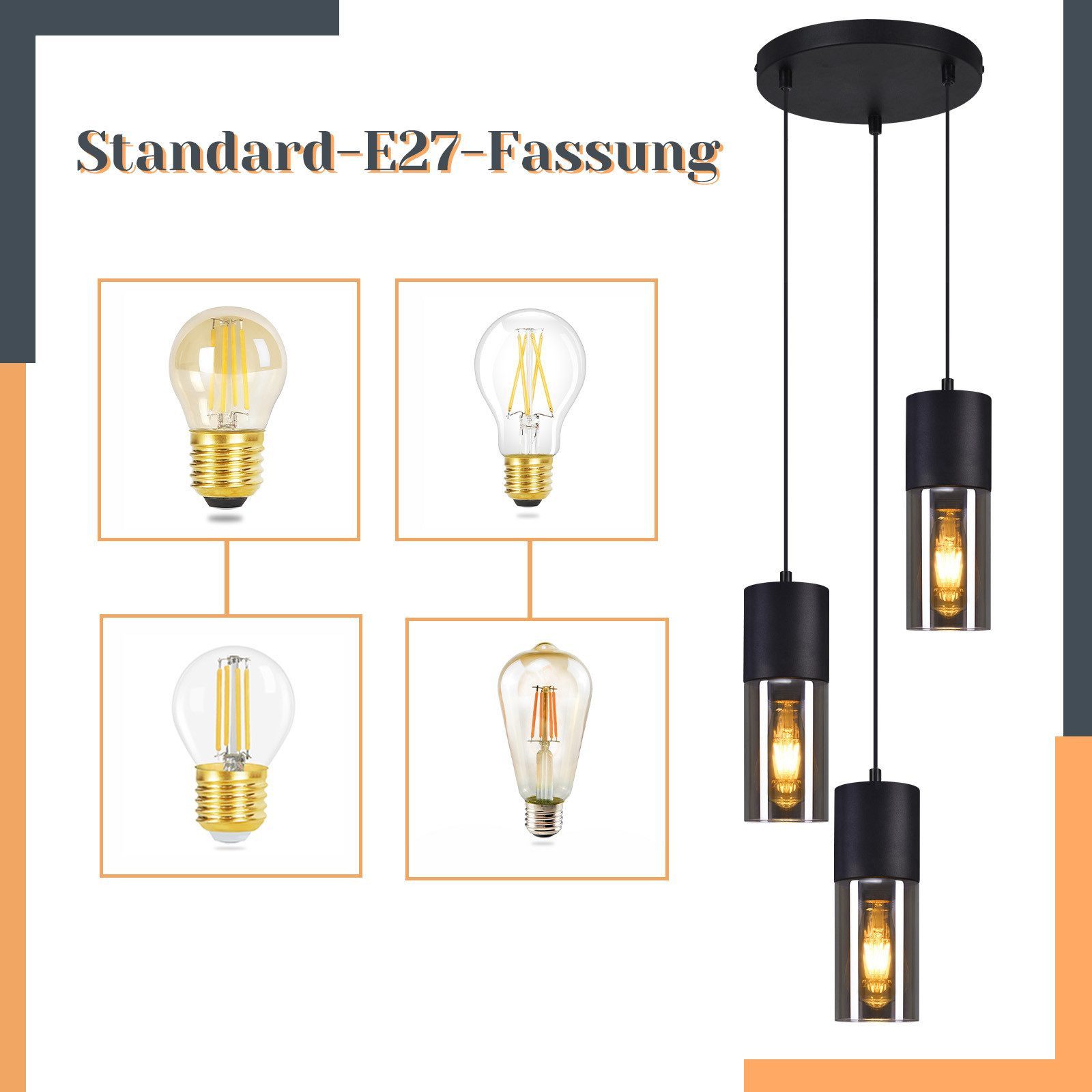 Nettlife Pendelleuchte Esszimmer Glas Vintage 3 flammig E27 Schwarz Retro Pendellampe, LED wechselbar, für Esstischen, Kücheninseln, Theken oder Bars