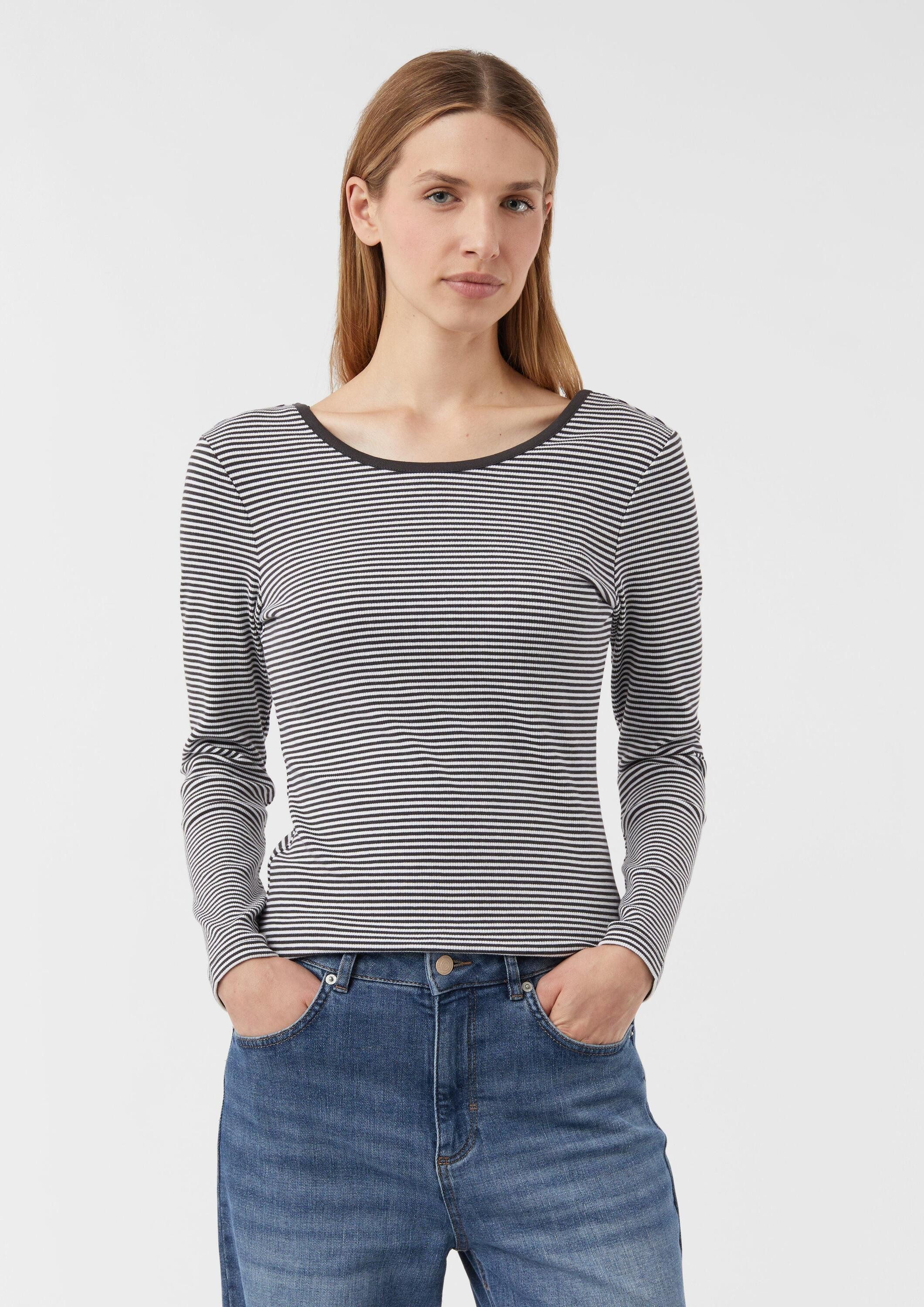 comma Langarmshirt T-Shirt Ringelshirt aus Rippware mit femininem Rückenausschnitt