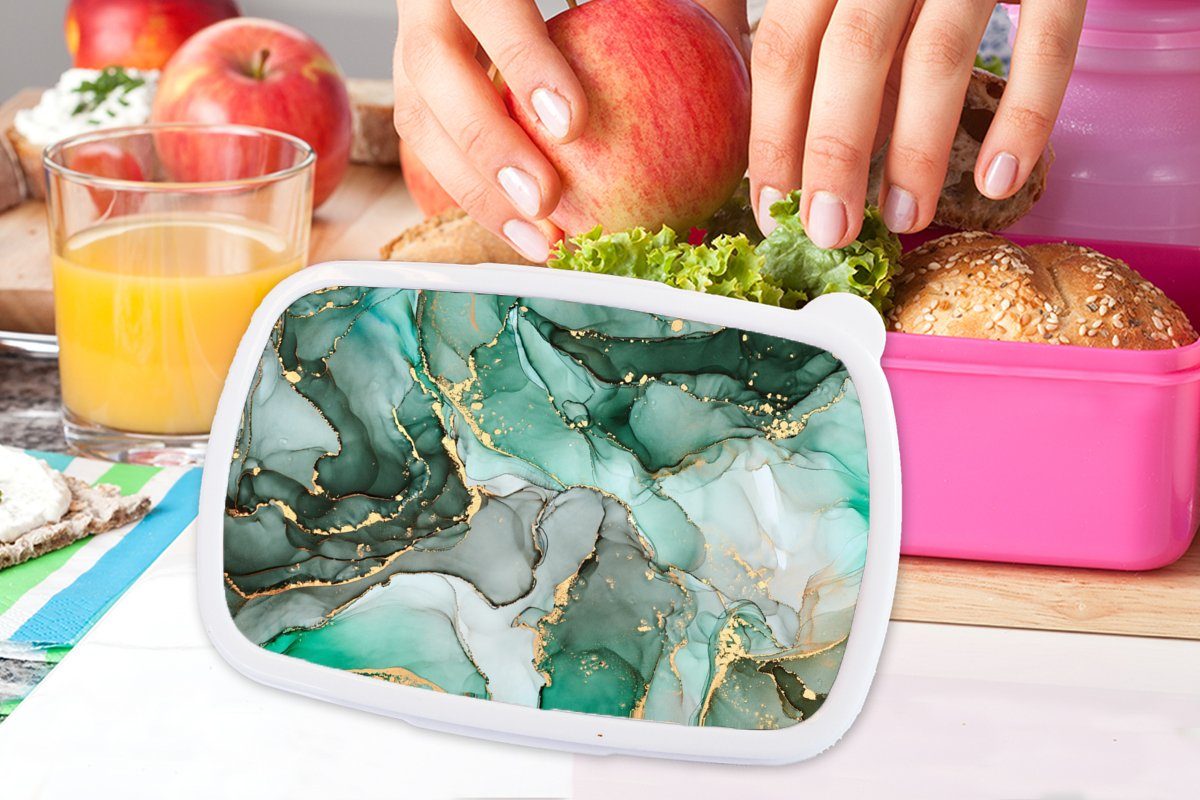 - Grün Grau, rosa - Marmor - Erwachsene, MuchoWow Luxus Lunchbox für Kunststoff, (2-tlg), - - Snackbox, Mädchen, Kinder, Kunststoff Brotdose Gold Brotbox Marmoroptik
