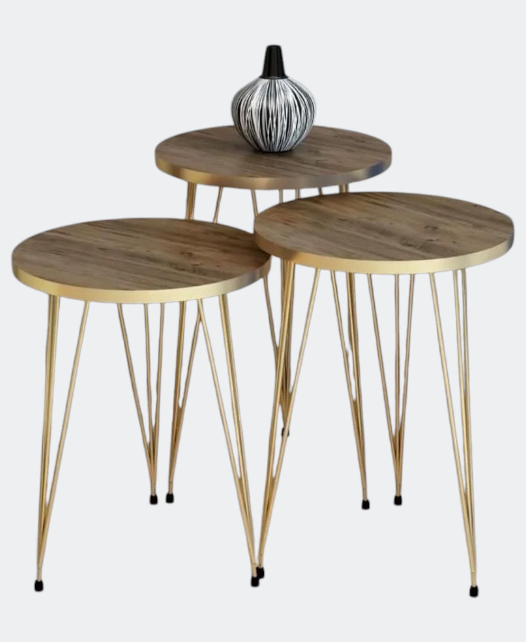 fashionshowcase Beistelltisch 3er Set – Rund, ineinander schiebbar, Marmor-Holz-Optik, Gold-Gestell (Beistelltisch-Set, 3-St., 3er-Set mit unterschiedlicher Höhe), Edles Design mit Marmoroptik