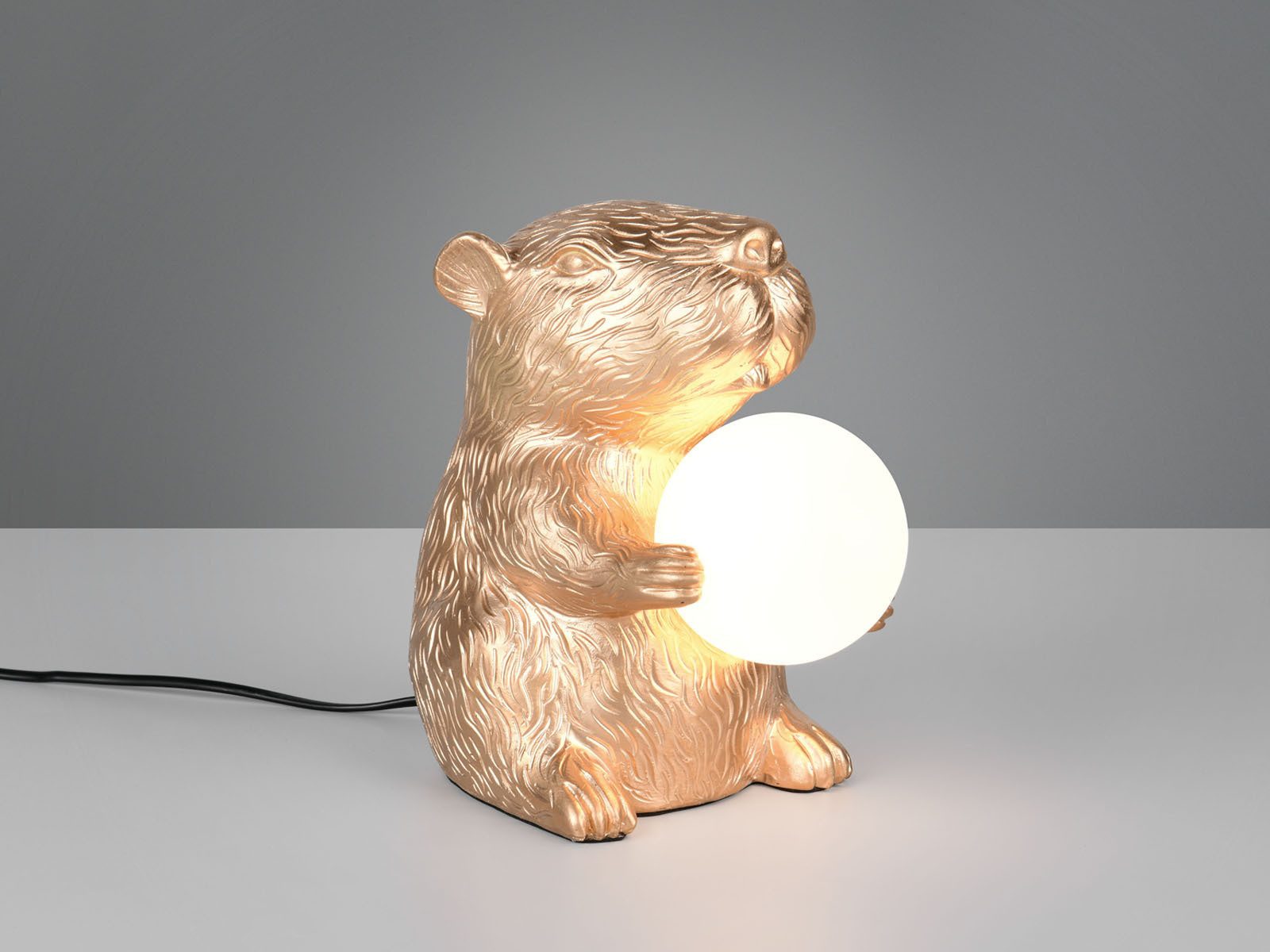 Reality Leuchten LED Nachttischlampe Capybara Lampe mit Kugel, Höhe 25cm, Dimmfunktion, LED wechselbar, warmweiß, besondere kleine Tierlampe witzige Tischlampe für Jugendzimmer Gold