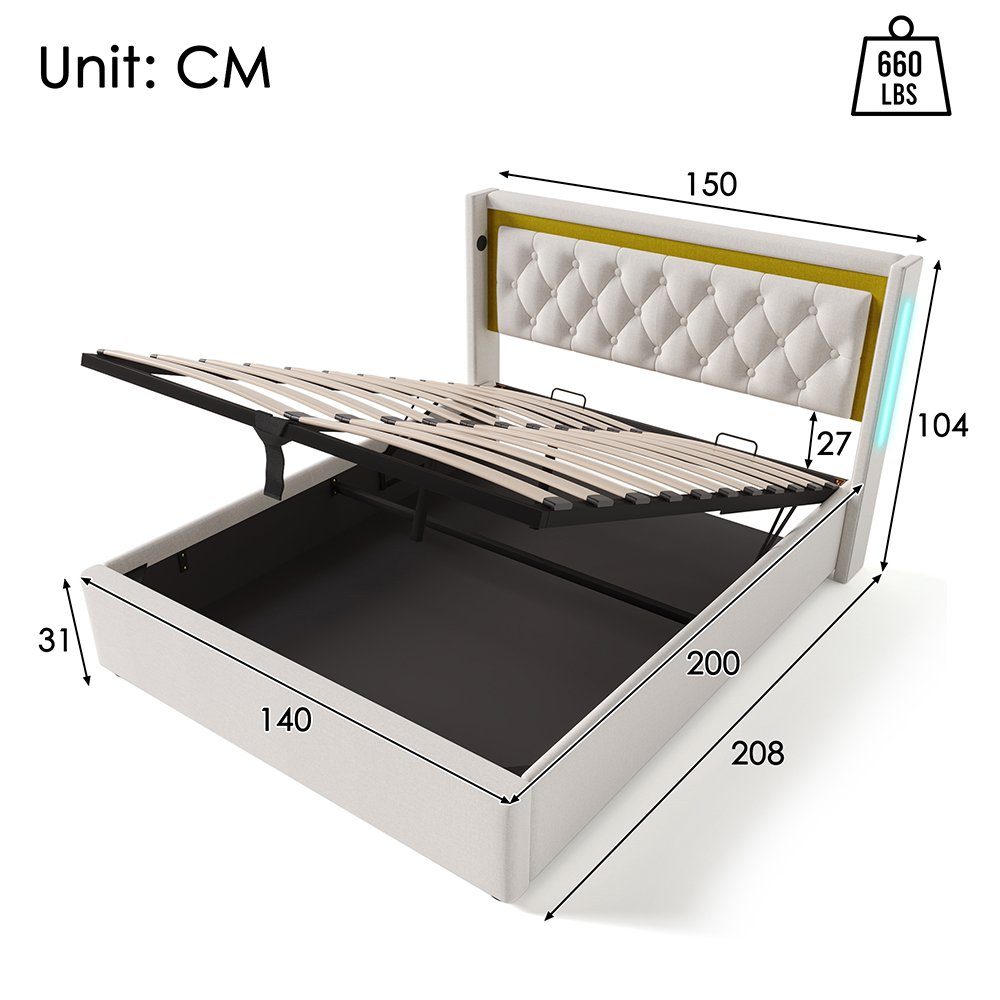 Polsterbett (140x200cm Doppelbett mit Lattenrost, LED-Beleuchtung und Matratze), Stauraumbett mit USB Typ C Ladefunktion Kopfteil, Baumwolle-Leinen