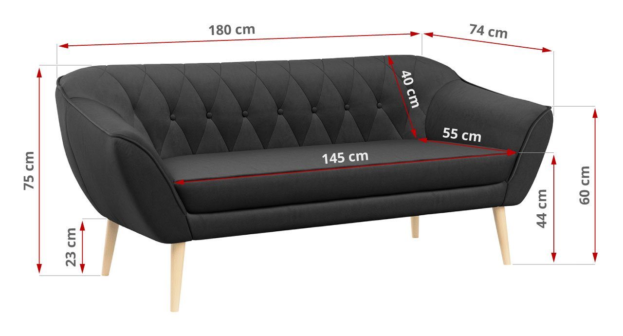 MÖBEL 3 Sofa + Casablanca Skandinavischer Gesteppte Moderne Set 2, Sofa 2 Dunkelgrau MKS PIRS Polsterung, Stil, 3