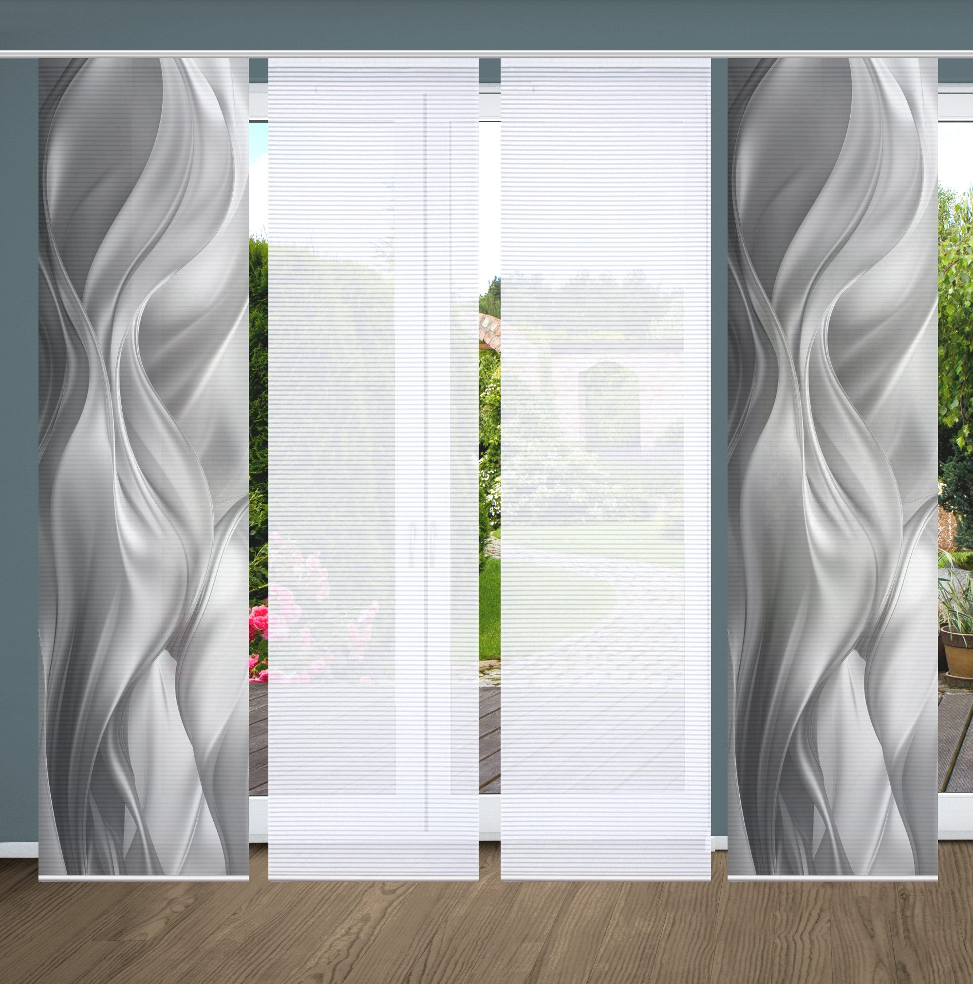 HOME WOHNIDEEN Schiebegardine HIG ALCINA Schiebegardine recyceltes Polyester, 245x60 cm, Wellenmotiv (4 St), Paneelwagen, halbtransparent, Polyester (recycelt) Polyester