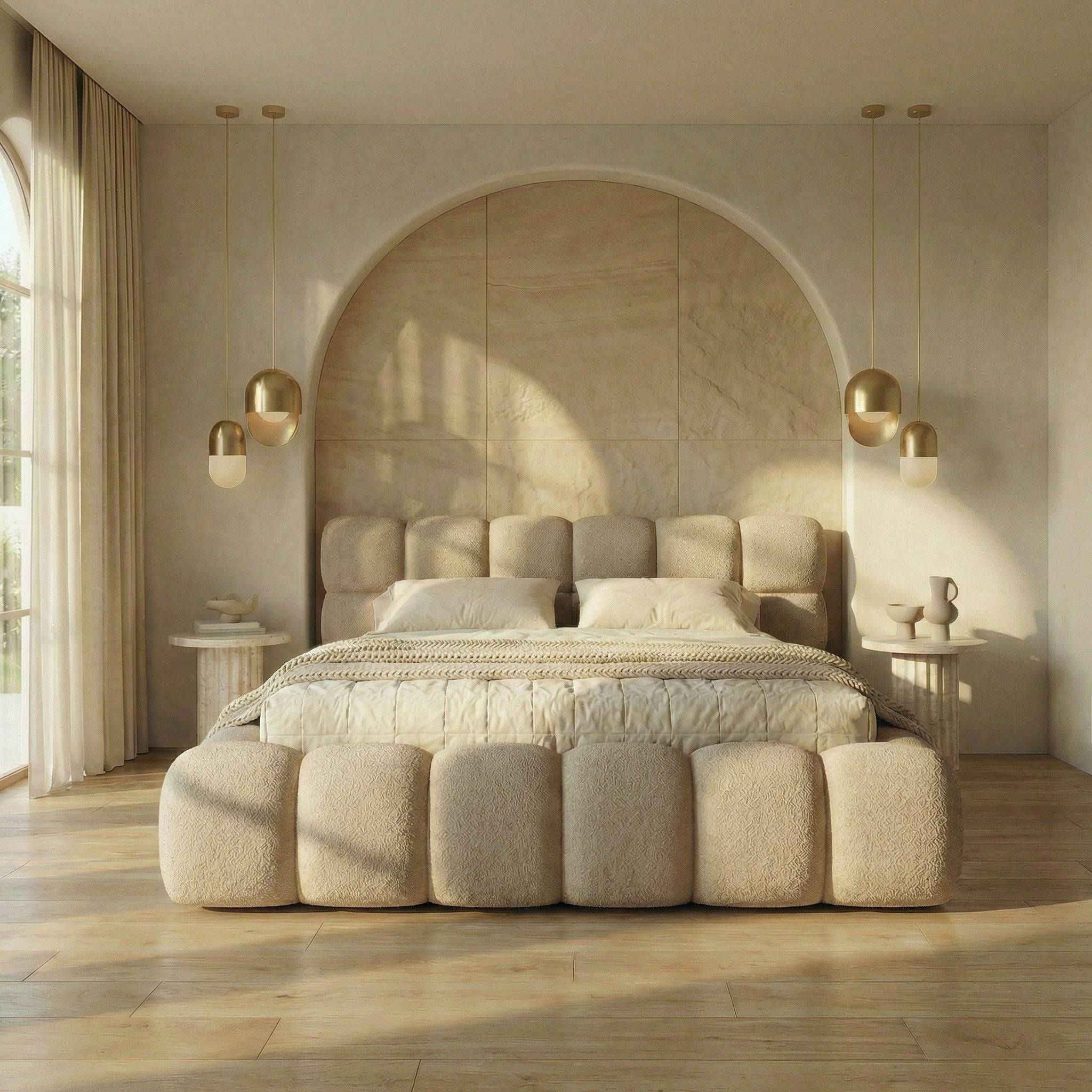 yourhouse24 Polsterbett Boston Slim Bouclé kompaktes Wolkenbett mit Bettkasten, Bubble-Optik & Japandi