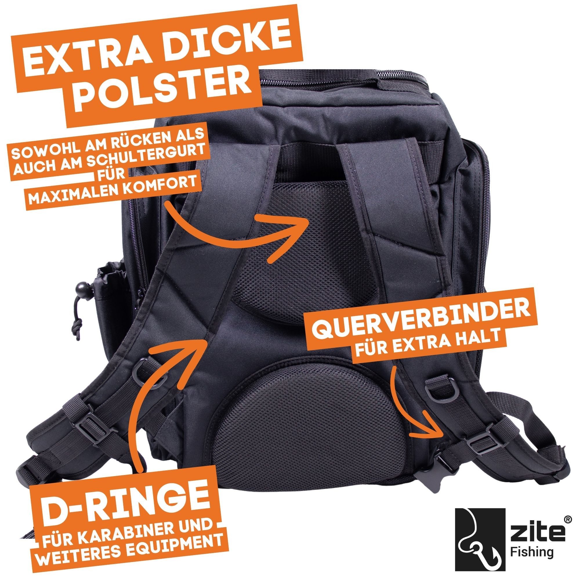 Zite Angelrucksack All-in-One Spinnfischer Rucksack mit Boxen, Rutenhalter & Polsterung