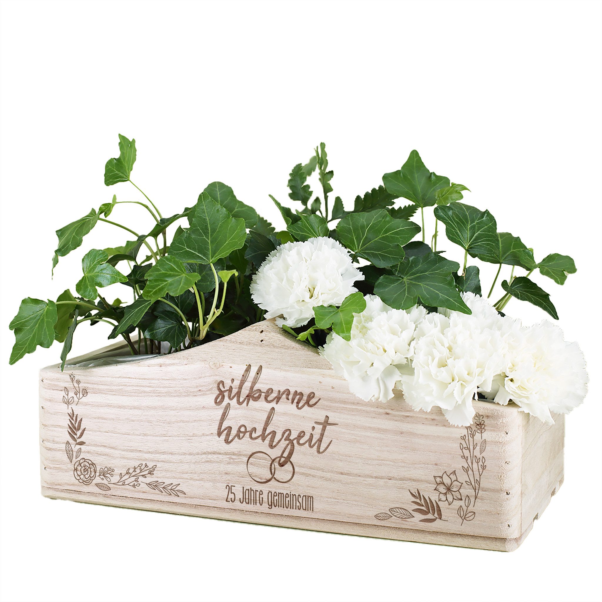 Herz & Heim Geschenkbox Präsentkorb für Geschenke zu Silberhochzeit & Goldene Hochzeit, aus Holz, mit Gravur, mit Griff, zum selbst befüllen