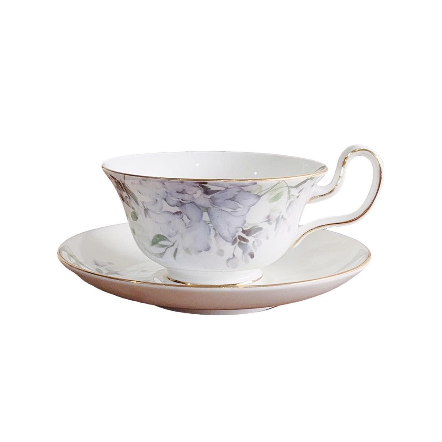 LuxusKollektion Tasse Tasse & Untertasse Blumen 250ml Hellblau Goldrand, Keramik