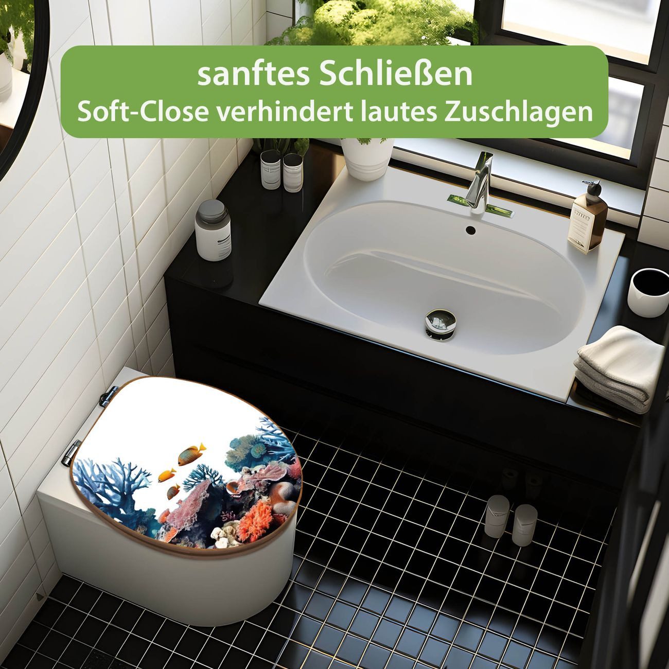 banjado WC-Sitz aus Bambus mit Absenkautomatik Motiv Korallenriff und Fische (umweltfreundliches Material, integrierte Absenkautomatik), 45,8 x 37,5 x 5 cm